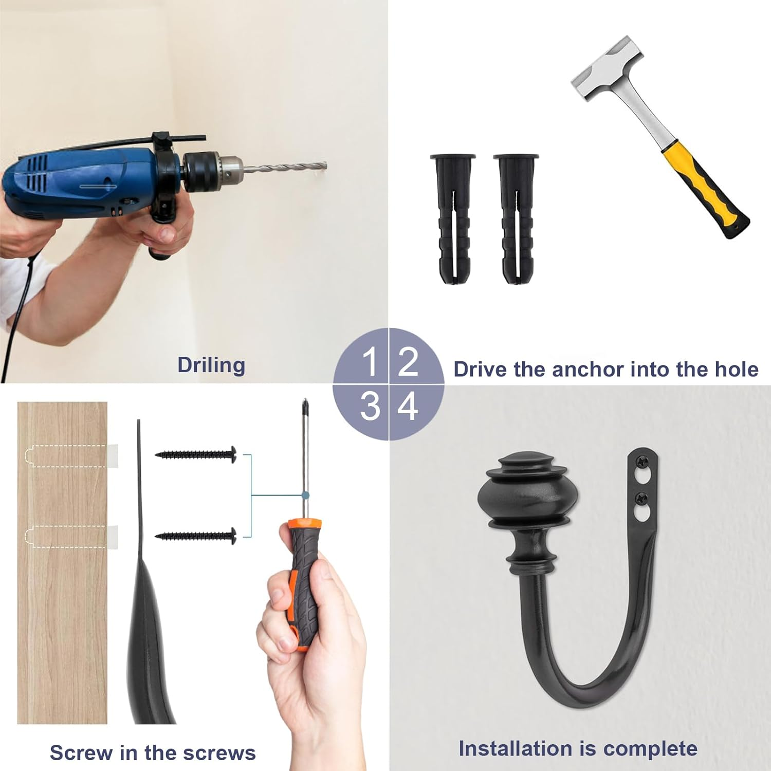 Curtain Holdbacks, 4 Pack Wall Mounted Window Drapery Tiebacks with Screws, U-Shaped Decorative Curtain Hook Holder for Bedroom, Livingroom, Office (4, Black) image number 1