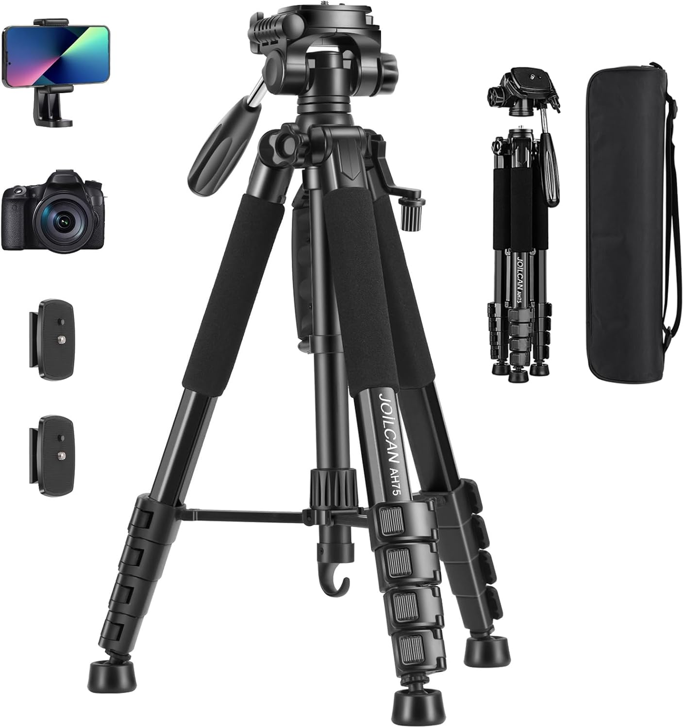 JOILCAN Camera Tripod for Canon Nikon, 74" Lightweight DSLR Tripod Camera Stand with Detachable Head and Universal Phone Mount, Reinforced Aluminum Tall Tripod for Vlog Live Streaming Max Load 14LB image number 3