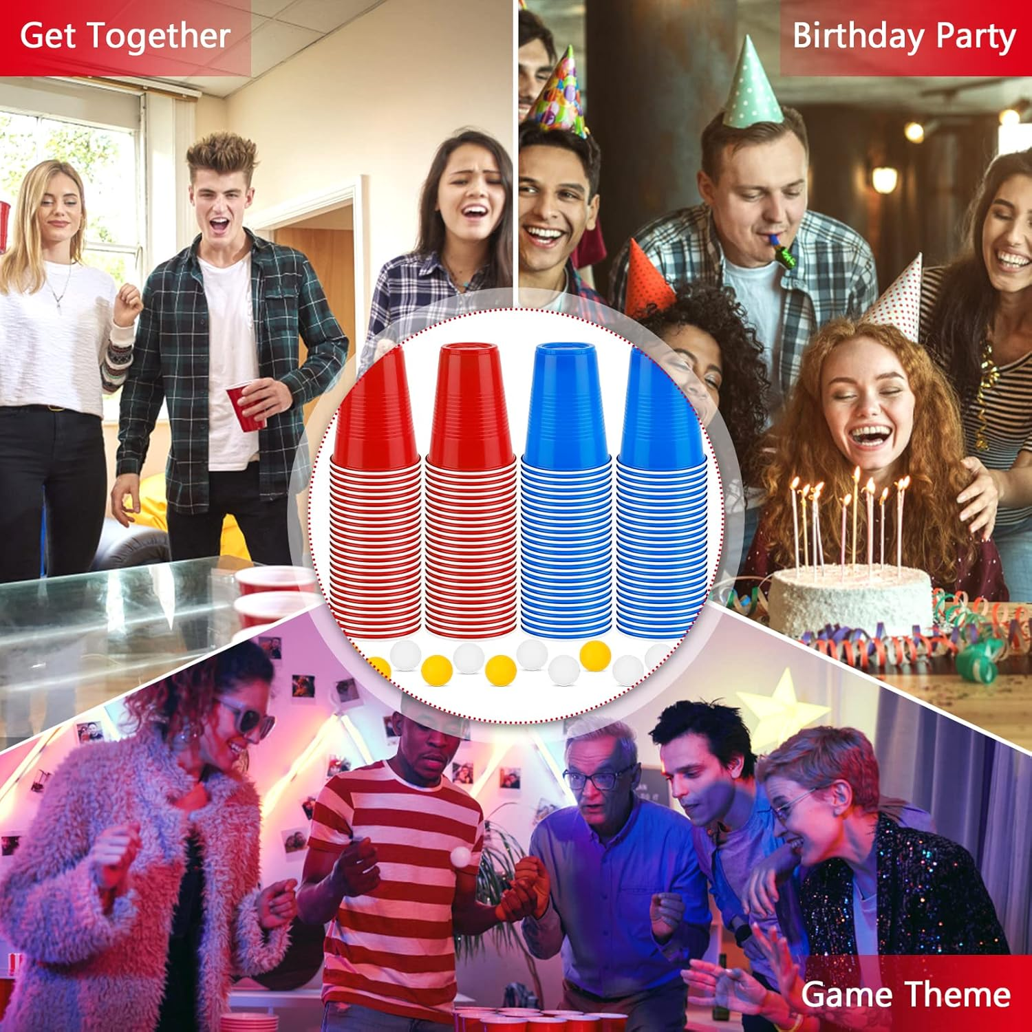 Frasheng Beerpong Party Cups, 100 Cups 12 Balls, Beer Pong Cups, Plastic Cups Red and Blue 16 Oz, Reusable Party Cups, Beer Pong Cups Set, for Christmas, Birthday, Wedding, Festivals image number 5