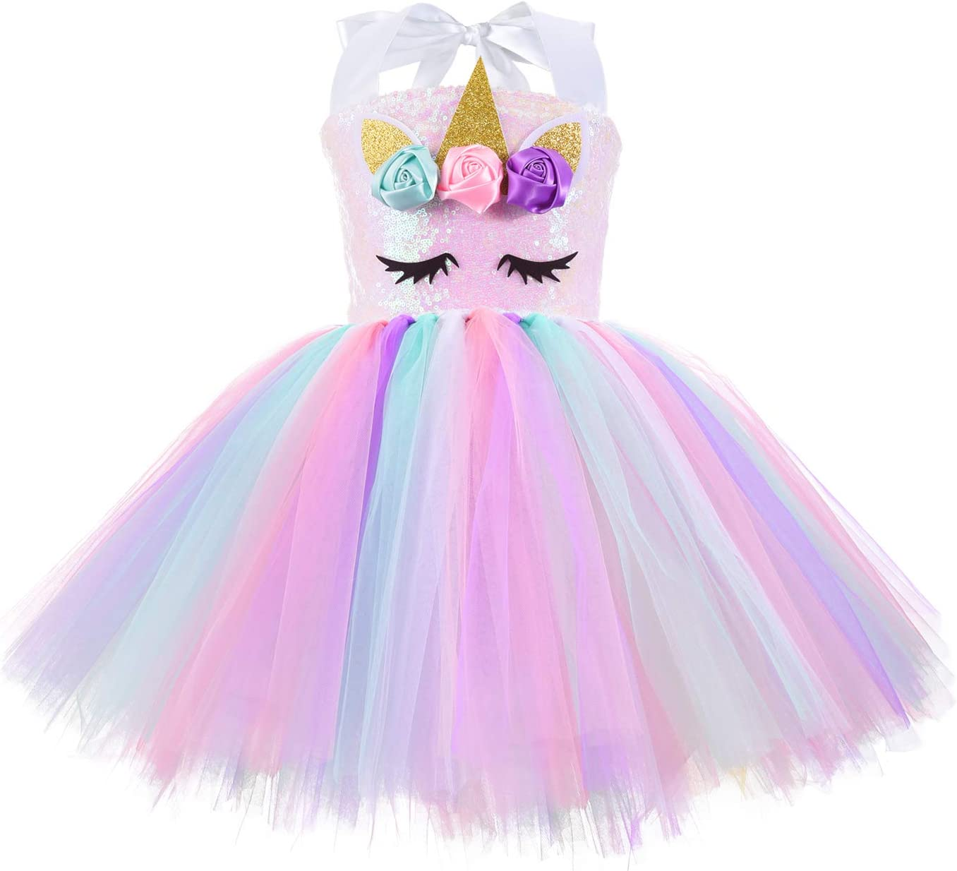 AUTOWT Sequin Unicorn Dress for Girls with Headband, Rainbow Tutu Dress for Birthday Pageant Christmas Party Dance Princess Costumes image number 6