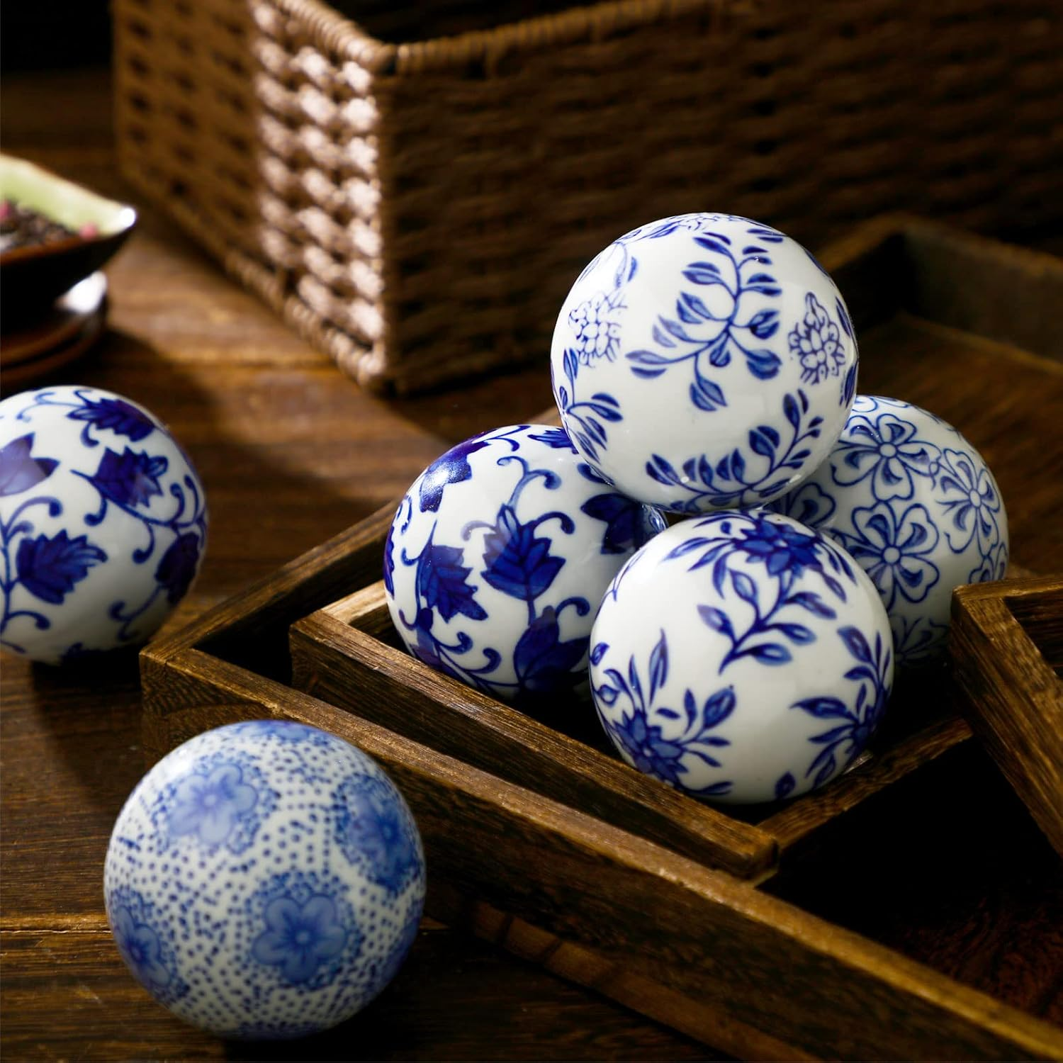 Vesici 9 Pcs Porcelain Balls Decorative Balls for Centerpiece Bowls Decorative Balls Tray Bowl or Basket Decoration for Vases Tables Christmas Home Decoration, Blue and White (Classic Style) image number 1