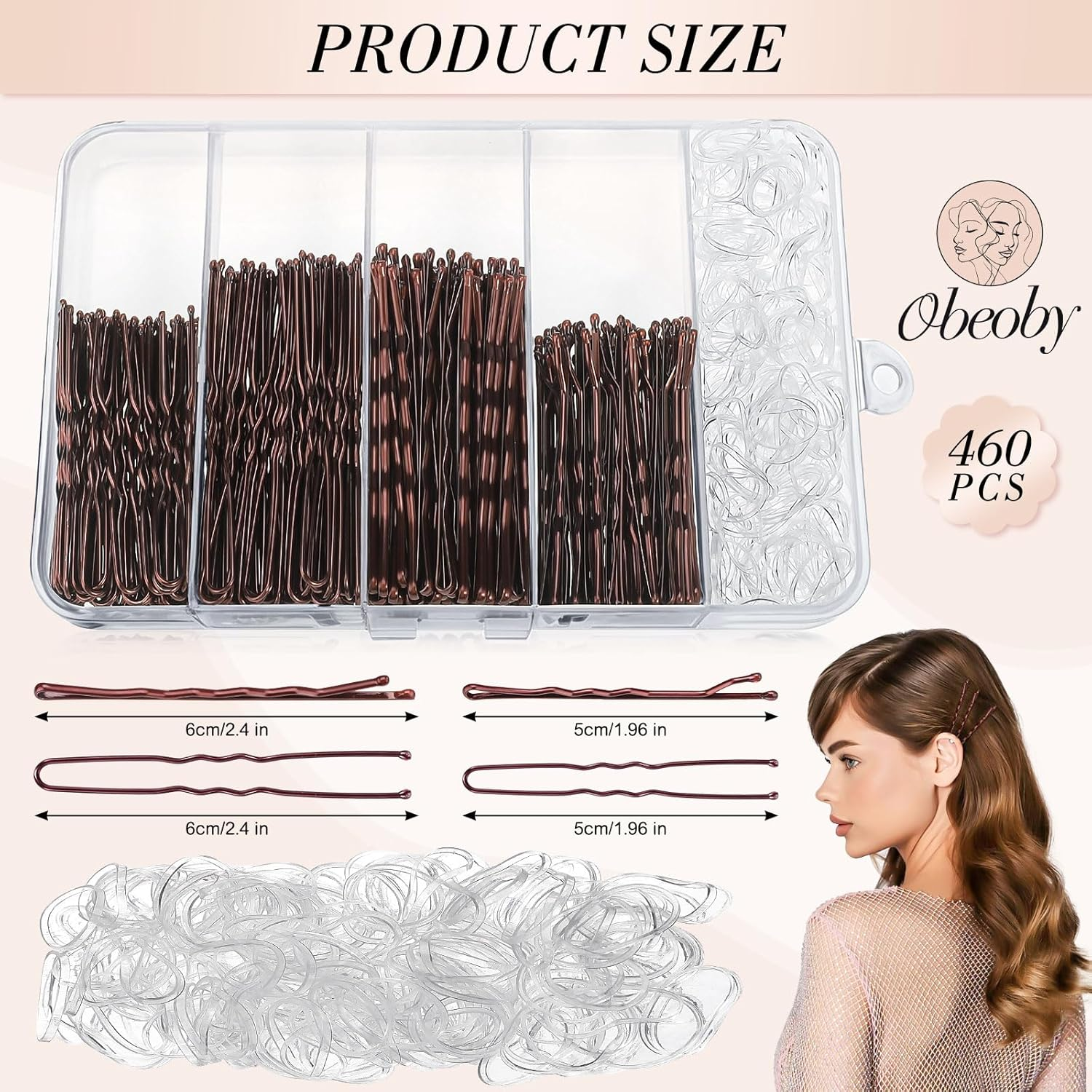 460Pcs Hair Pins Hair Rubbers Kit, 220Pcs 2 Size Bobby Pins and U Shaped Bun Pins for Women Girls with 240 Hair Rubbers and Storage Box Wedding Hairstyles (Brown) image number 1