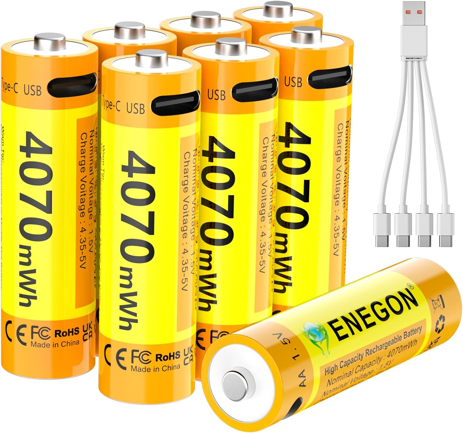 ENEGON 8-Pack Rechargeable AA Lithium Batteries 4070 Mwh 1.5V with 1-To-4 Type-C Fast Charging Cable, Ideal for Game Controllers, Smart Door Locks, Wireless Mice, Keyboards, Ear Thermometers and More image number 6