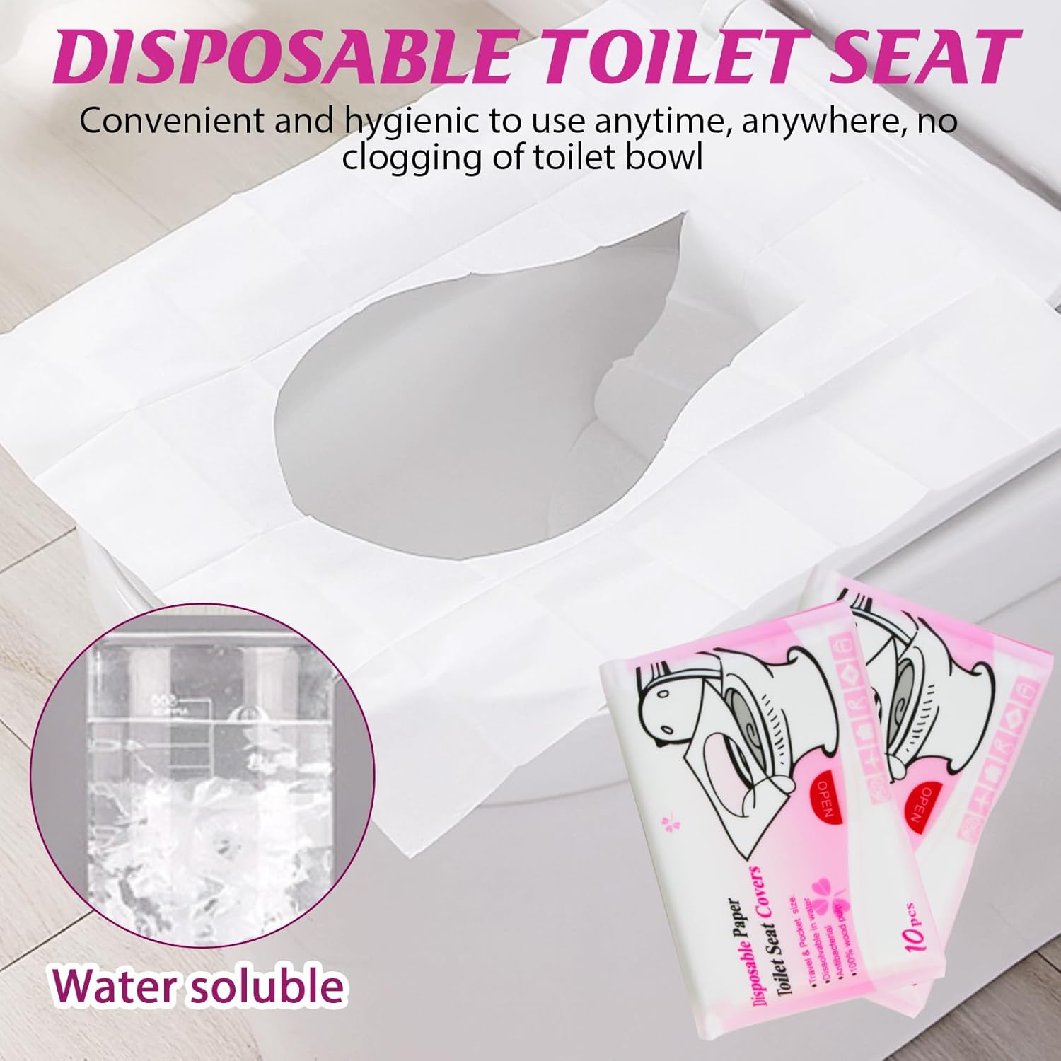 Ozessence 20 Pcs Soluble Water Disposable Toilet Seat Covers, Travel Toilet Seat Covers Anti-Slip Waterproof Protection for Travel Public Restrooms Camping Adults & Kids image number 5