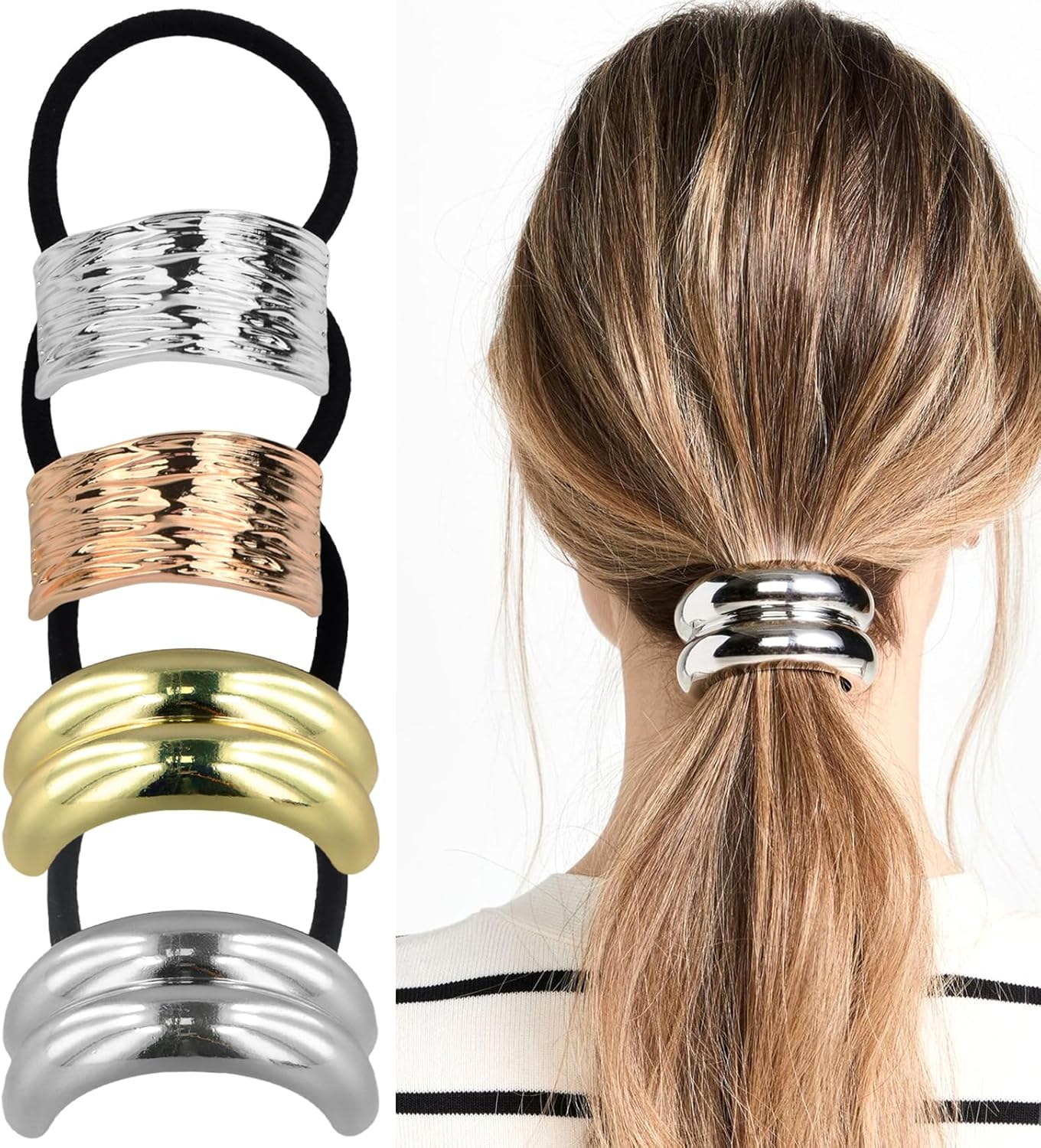 YILANJIN Pack of 4 Hair Bobbles, Metal Hair Accessories, Hair Bobbles, Glitter Ponytail Holder Cuff, Stylish Hair Band, Fashionable Elastic Hair Band for Women, Girls, Hair Accessory (A) image number 2