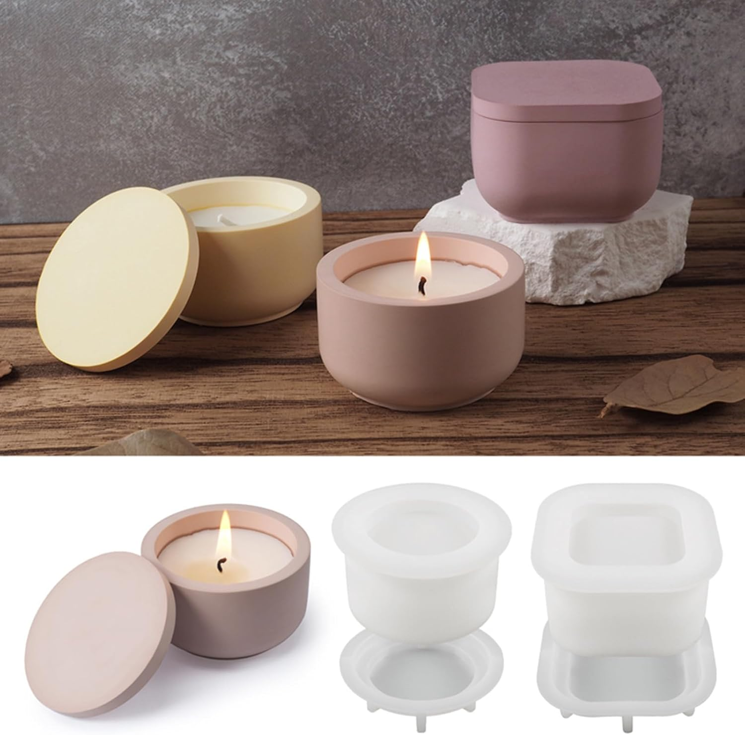 1 PC Candle Jar Molds, Silicone Concrete for Candle Holder with Lids, Candles Resin Epoxy Resin Casting DIY for Candle Making Supplies Scented Candles Soaps Making