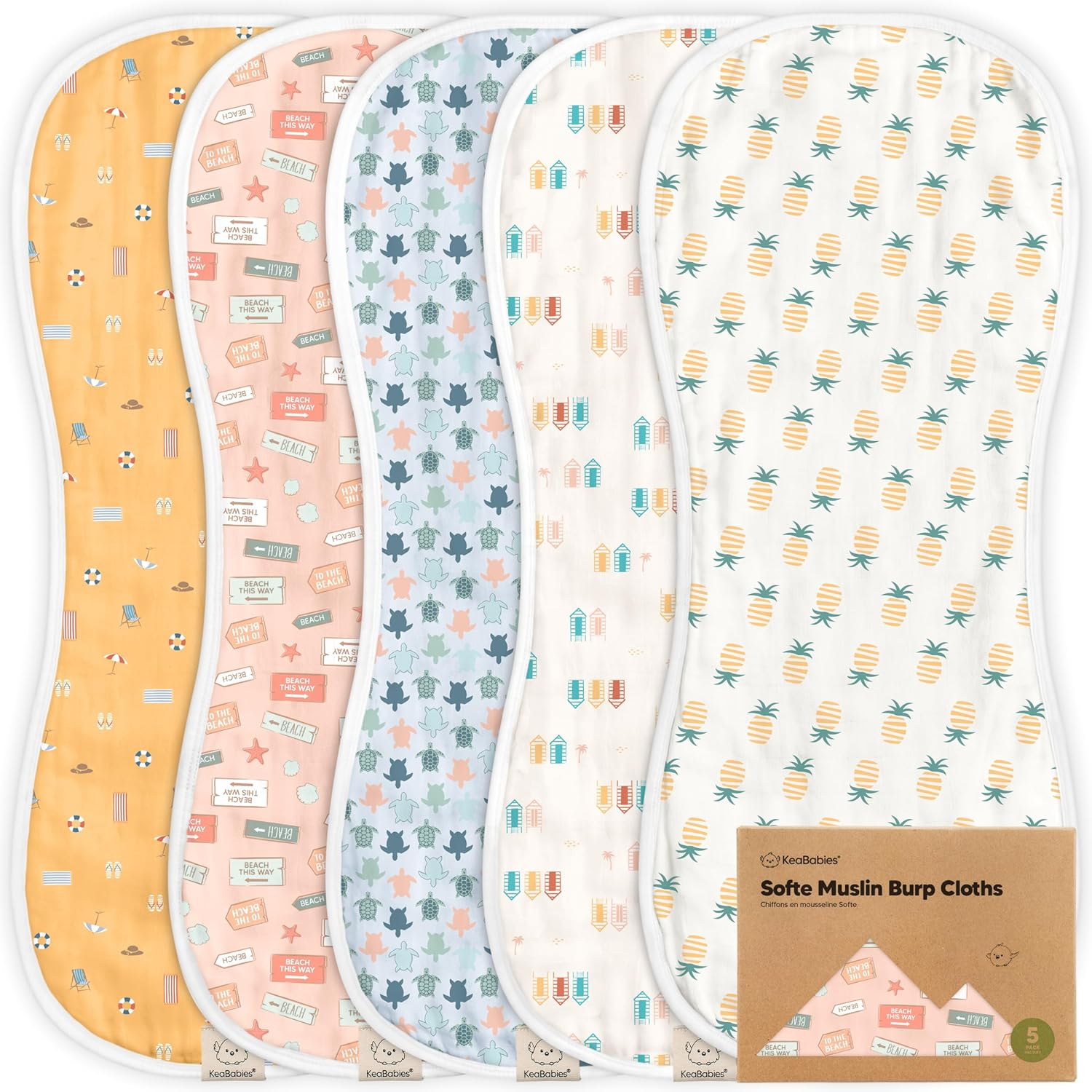 5-Pack Muslin Burp Cloths Baby Boy, Girl - Very Absorbent Baby Burp Cloth Rags, 8-Layers Viscose Derived from Bamboo Cotton Muslin Towel, Super Soft Spit up Rags, No Shrink Washcloths (Beach Day)