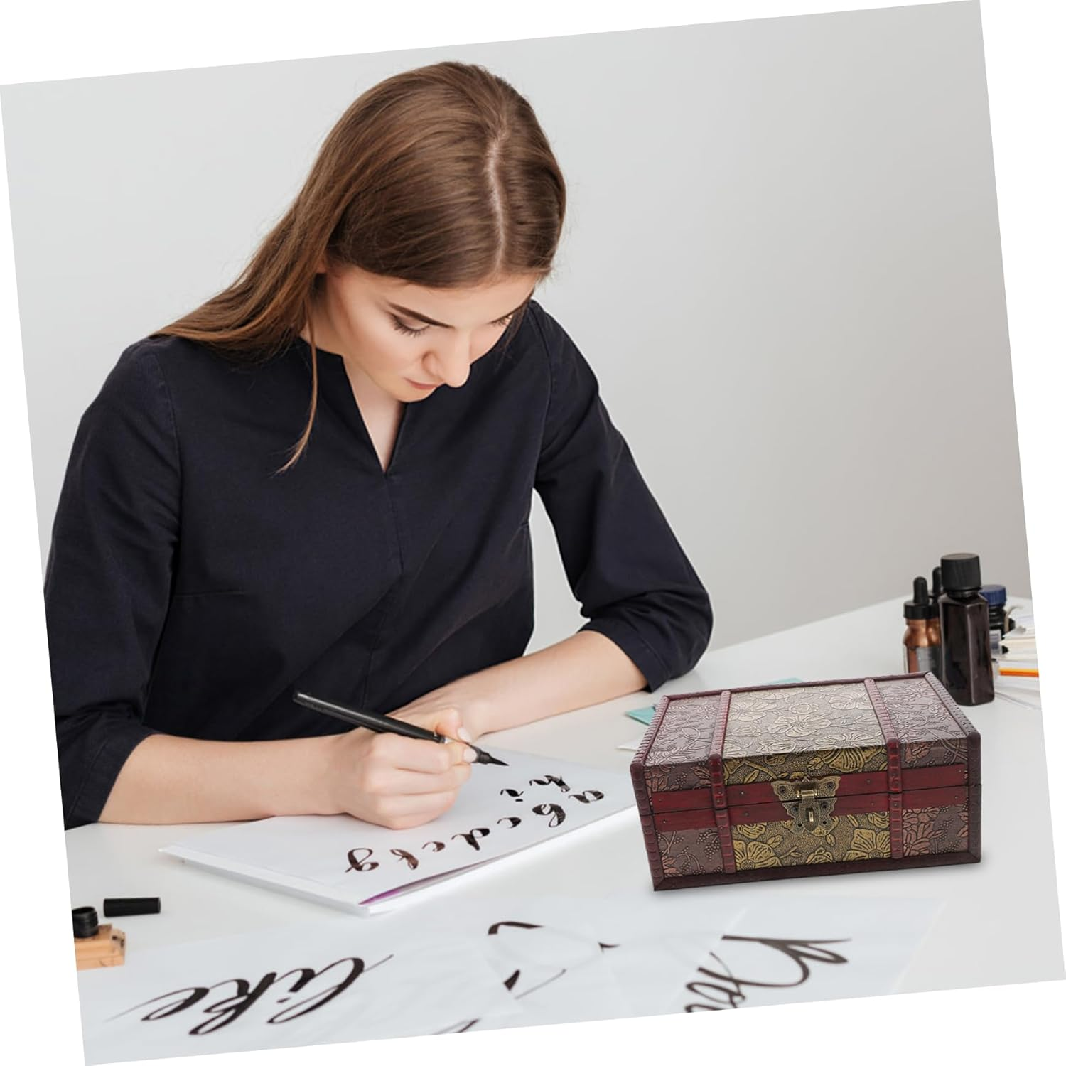 Wooden Bible Storage Box Lock Small Rectangular Wood Case Decorative Book Trinket Holder for Document and Organization Desktop Supply image number 2