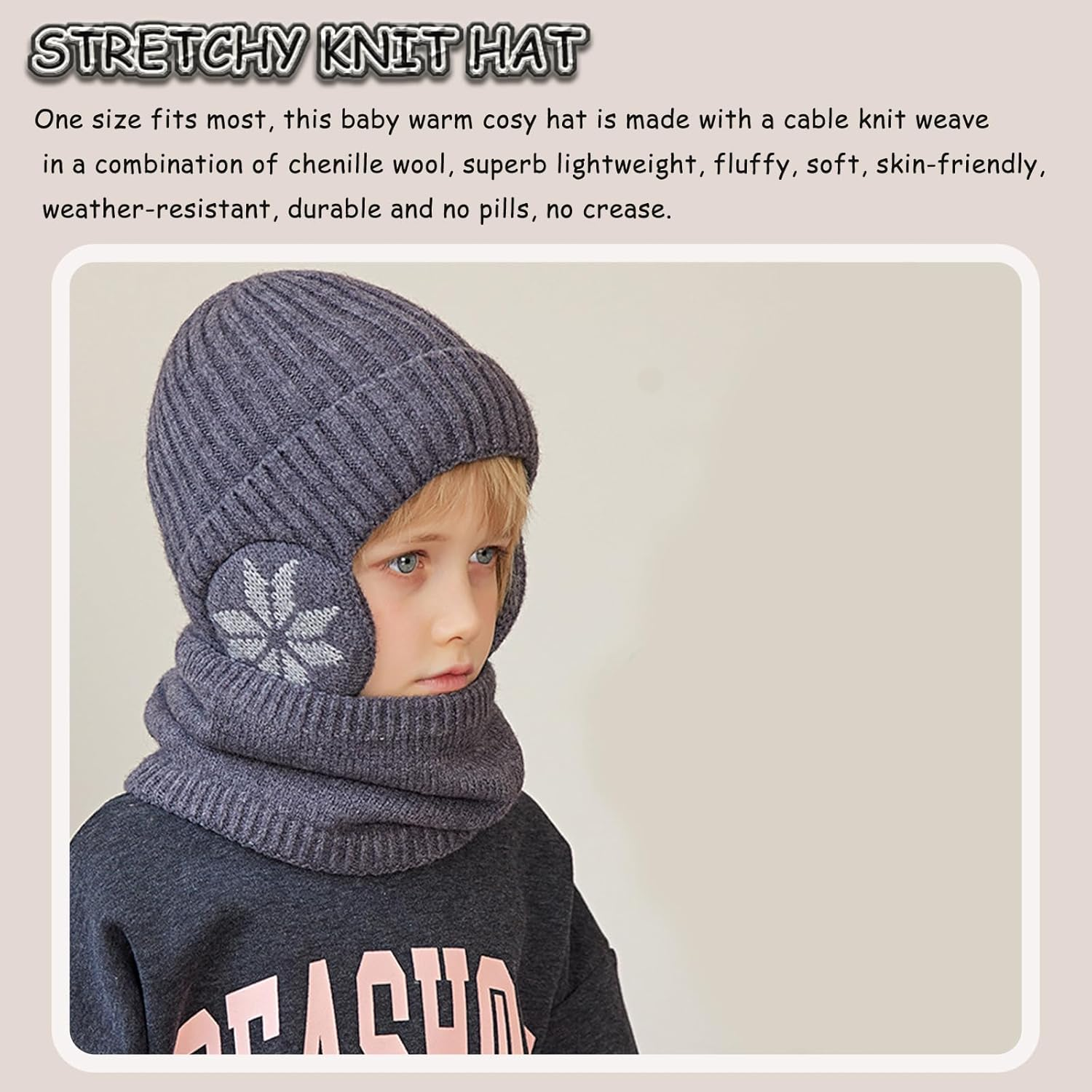 4-10 Years Kids Winter Knitted Earflap Cap Scarf Set Fleece Lined Earflap Beanies Hat Cosy Baby Warm Hat with Neck Warmer Windproof Outdoor Ski Beanies Cap Knitted Crochet Cap Children Handmade Hat image number 3