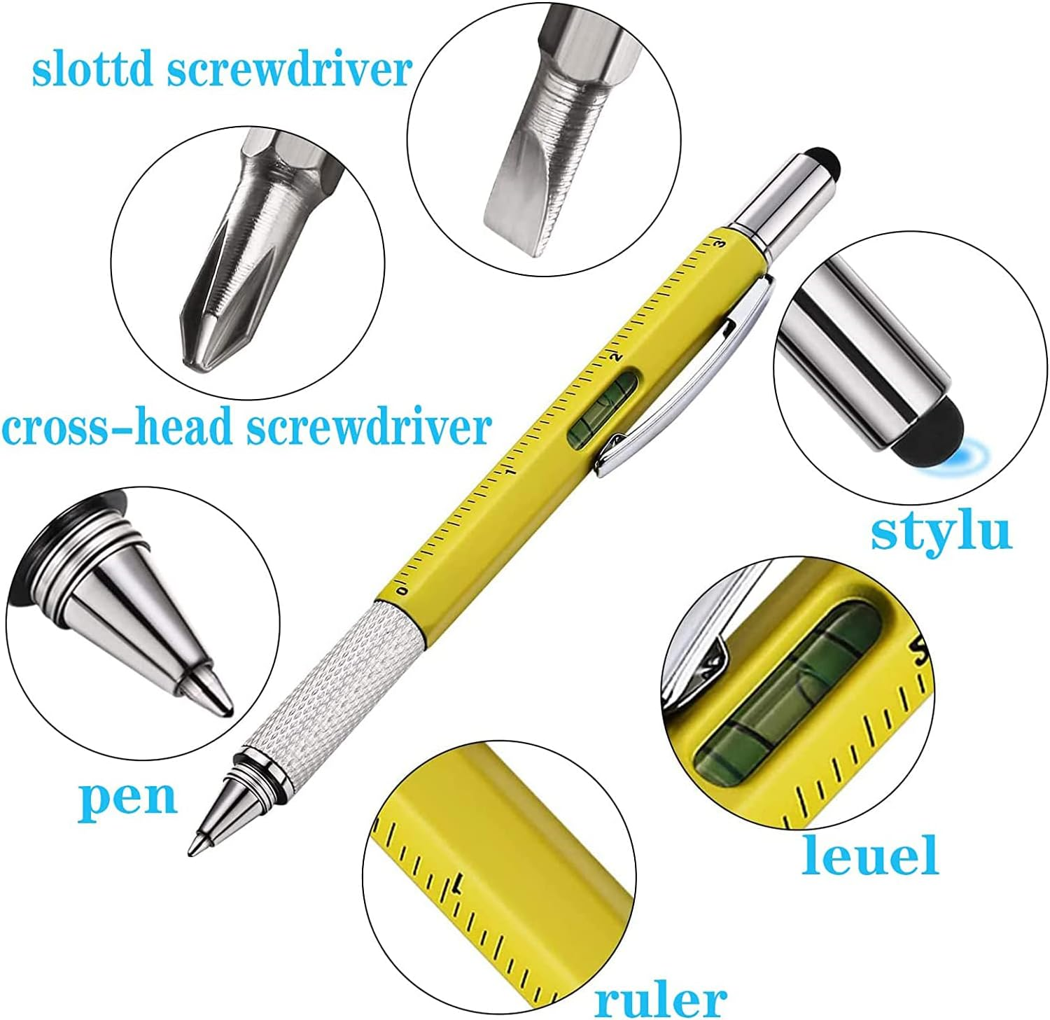 YUENTOEN 8Pcs 6 in 1 Multifunction Pen Tool, Multitool Pen Set with Extra Refills Set, Touch Screen Stylus, Ruler, Levelgauge, Flat Head and Phillips Screwdriver