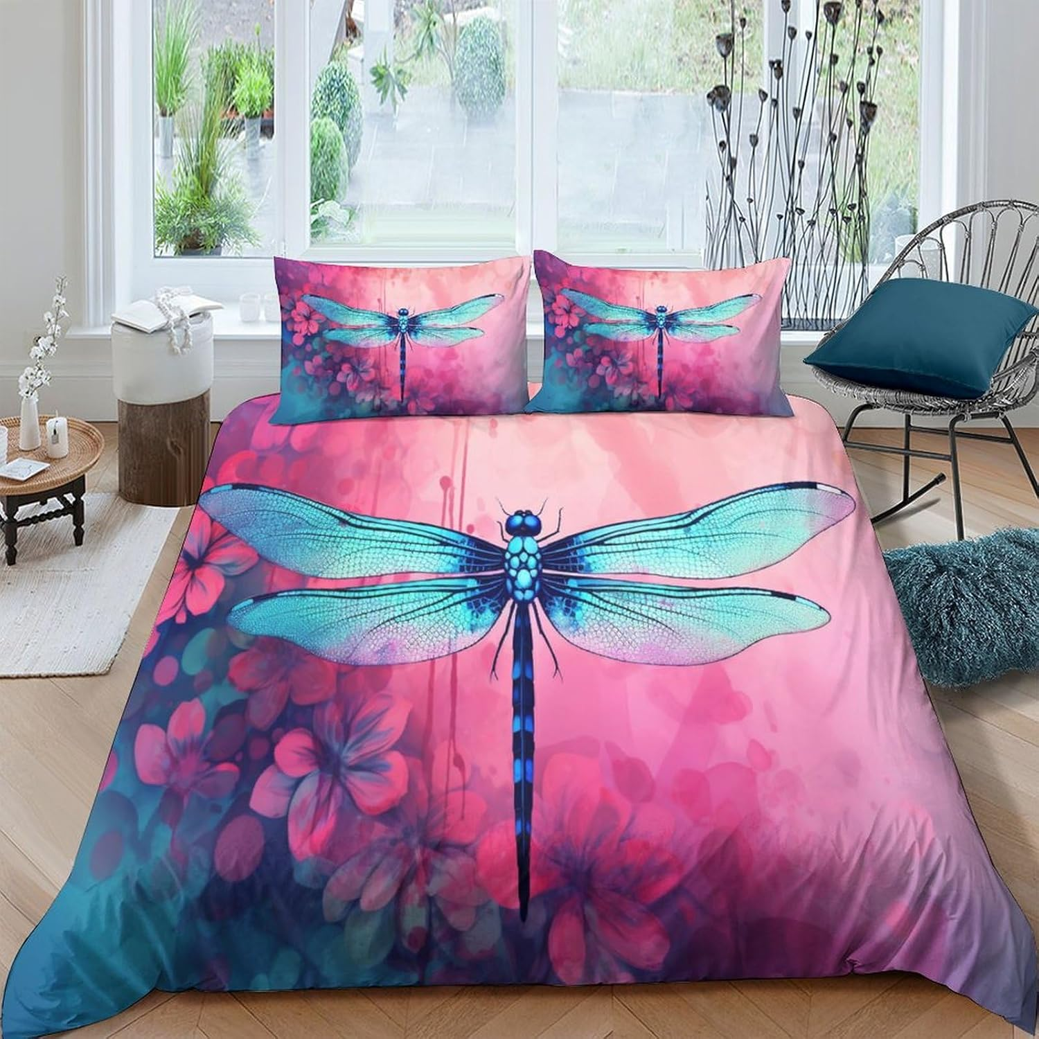 Dragonfly Duvet Cover Set Flower Comforter Cover for Teens 3D Print Bedding Set Microfiber Quilt Cover with Zipper Closure 3 Pieces with Pillowcases,King（210X245Cm）