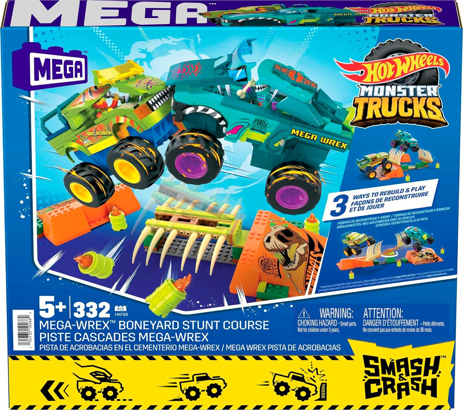 Hot Wheels MEGA Hot Wheels Monster Trucks Building Toy, Smash & Crash Mega-Wrex Boneyard Stunt Course with 332 Pieces, 2 Figures and 2 Ramps, Kids Age 5+ Years