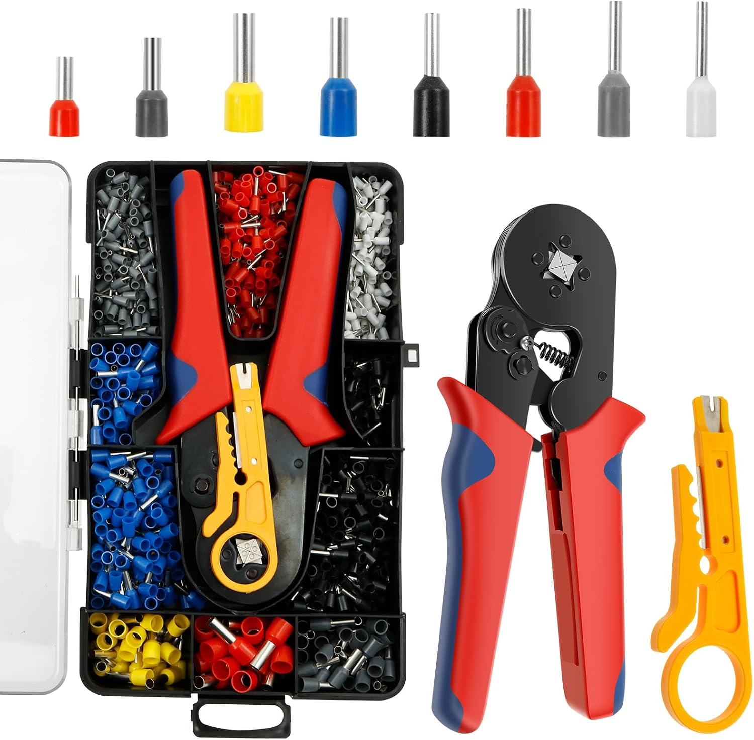 Ferrule Crimping Tool Kit AWG23-7 (0.25-10 Mm&sup2;) Hexagonal Ferrule Crimping Pliers Self-Adjustable Crimper Plier Set with 1200PCS Terminal Connector Sleeves (1) image number 2