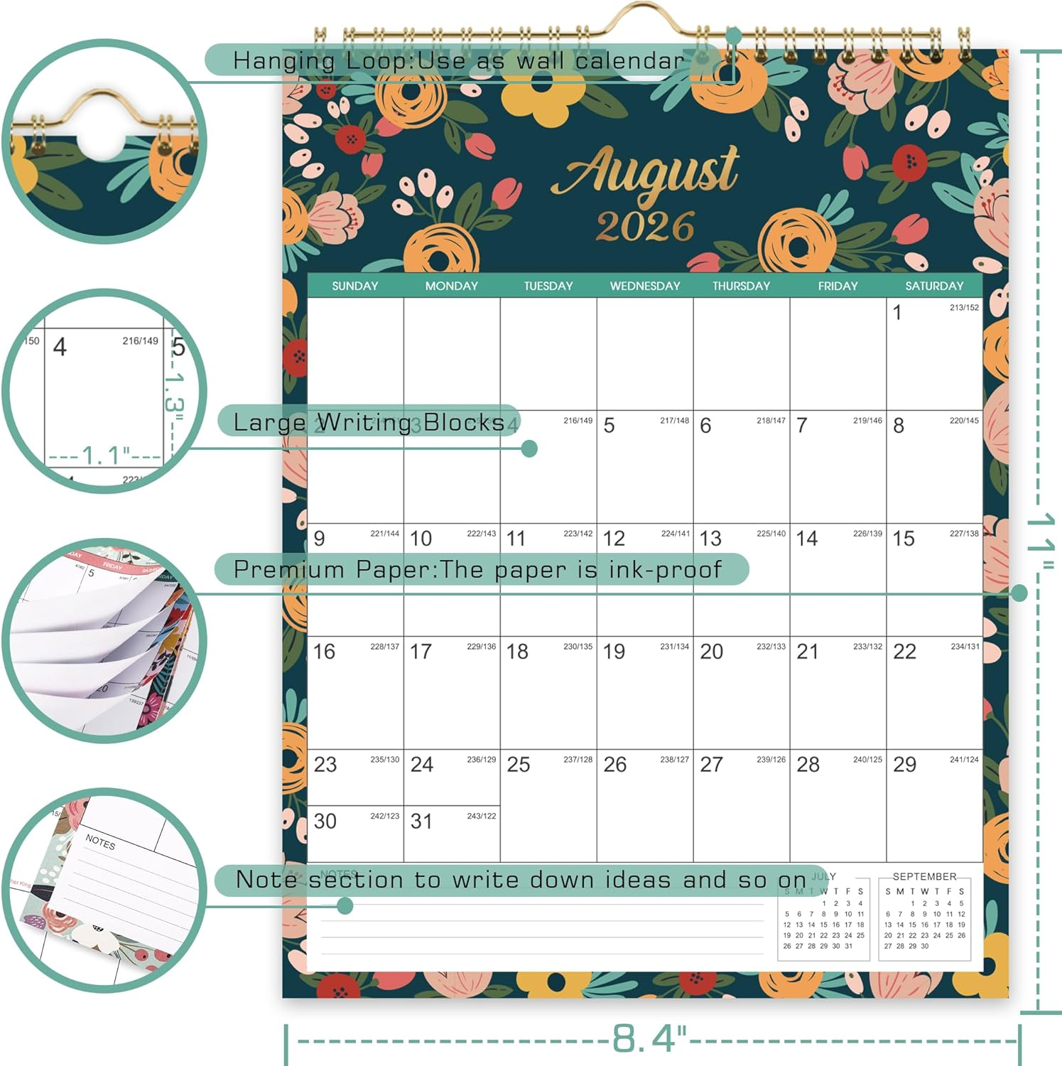 2026 Calendar - JUL 2025 - DEC 2026 Wall Calendar, 18 Month Wall Calendar 2026, 8.5" X 11", Twin-Wire Binding + Hanging Hook + Large Blocks with Julian Dates, Perfect Calendar for Organizing - Floral image number 6