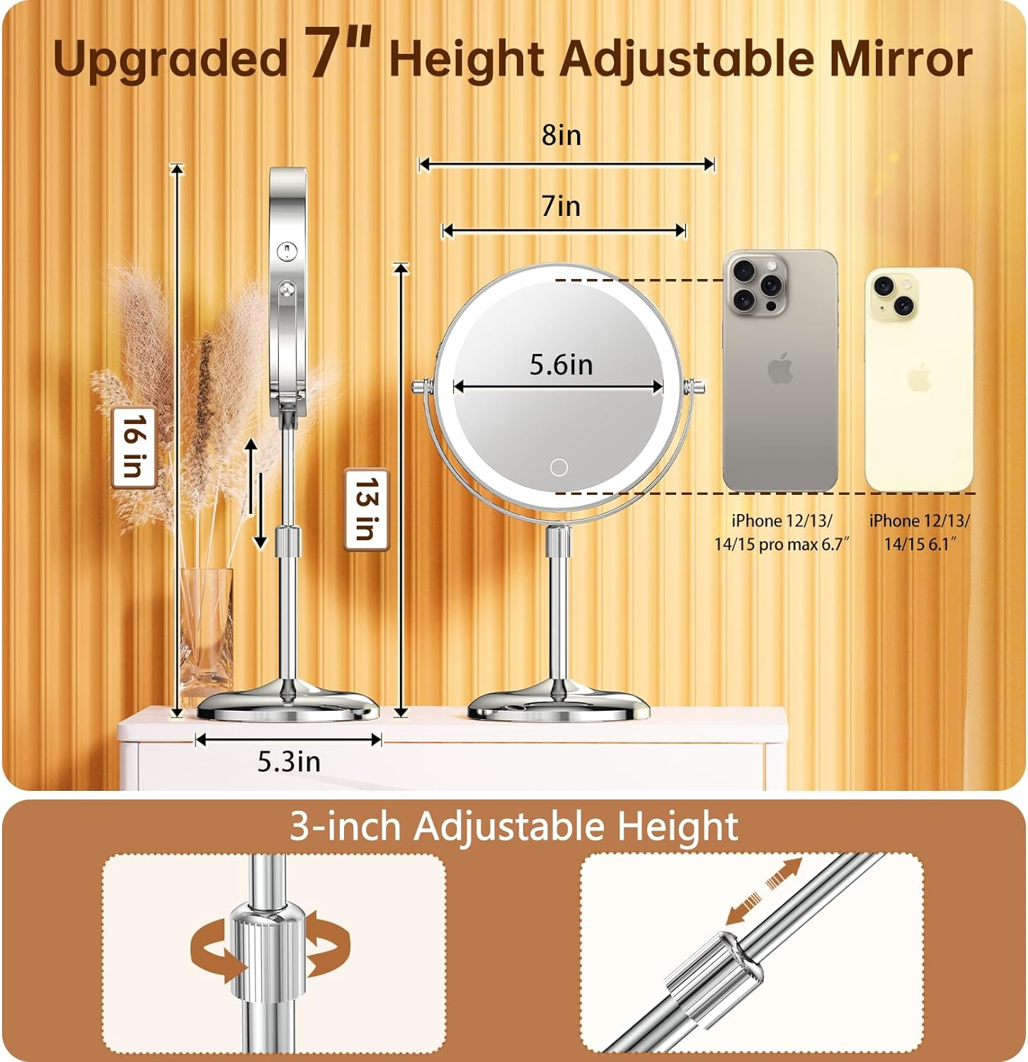 Gospire 7" Lighted Makeup Mirror with Magnification 10X/1X, Height Adjustable & 3 Color Dimmable Lights, 360&deg; Swivel Double Sided Light up Rechargeable LED Cosmetic Vanity Cordless Standing Mirror image number 2