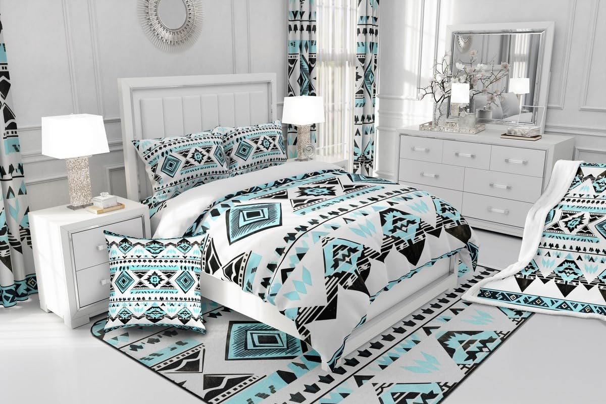 Loussiesd Southwestern Duvet 135 X 200 Cm Boho Geometric Western Quilt for Room Decor Tribal Native American Pattern 4-Seasons Duvet Blue Black Breathable Duvet image number 6