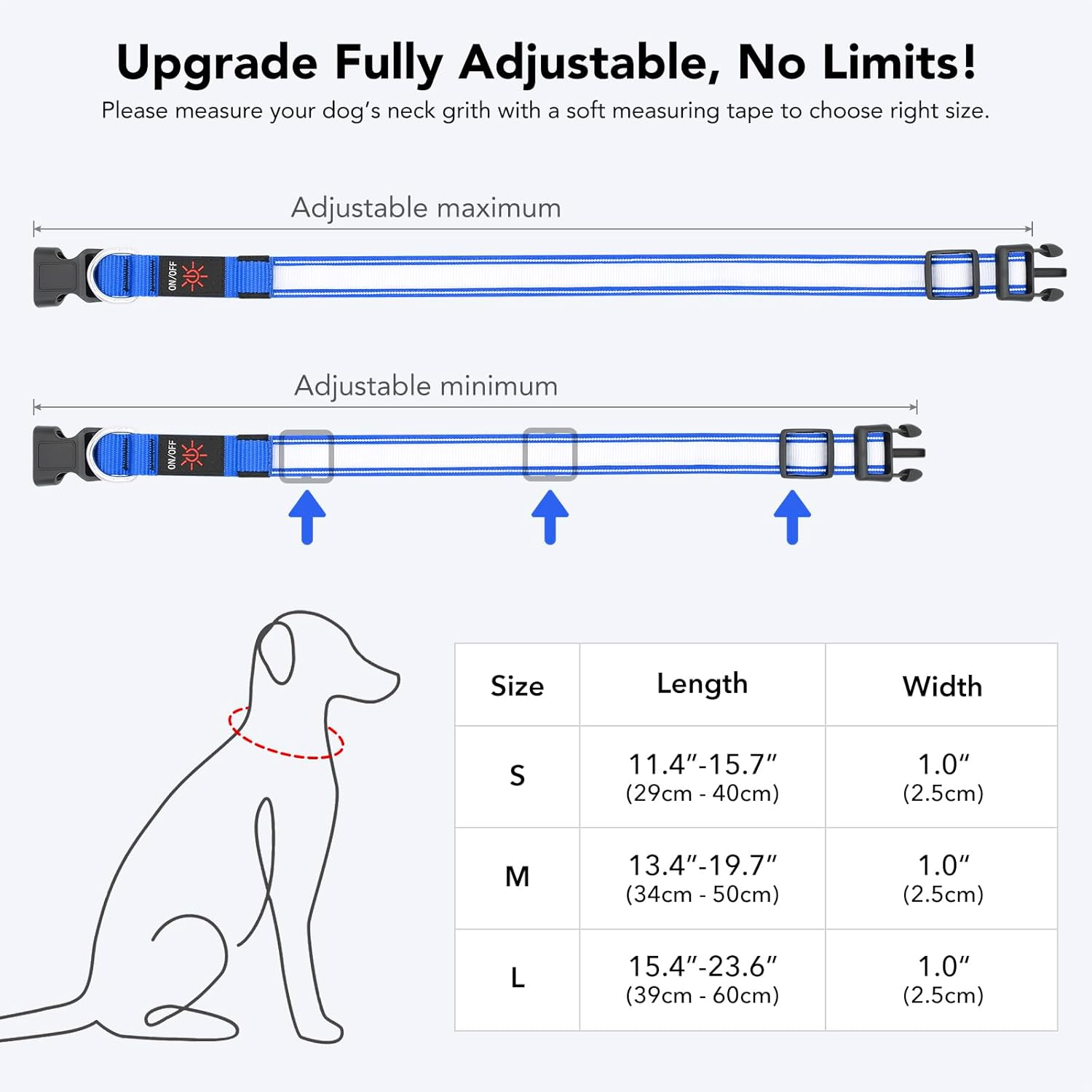 Pzrlit Light up Dog Collar Light Rechargeable, Fully Adjustable LED Dog Collar Waterproof, 3 Flashing Modes Glow Dark Dog Collars for Night Walking for Medium Large Dogs image number 3