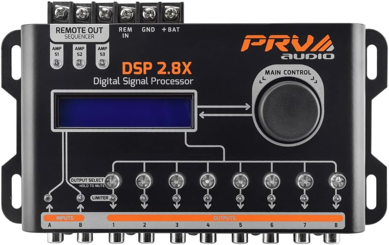 PRV AUDIO Car Audio DSP 2.8X Digital Crossover and Equalizer 8 Channel Full Digital Signal Audio Processor DSP with Sequencer Remote Relay