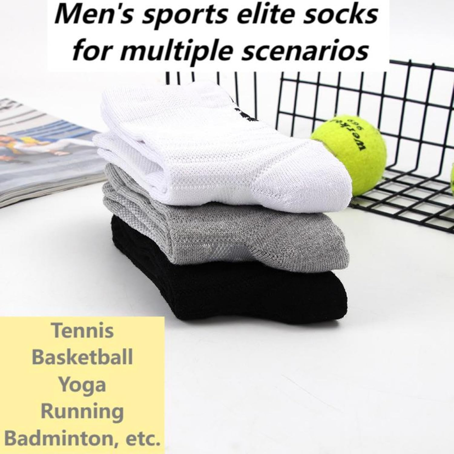 3 Pack Men'S Sports Running Socks - Thick Cushioned Crew Socks for Basketball & Tennis | Non-Slip Arch Support | Sweat-Wicking Black/Grey/White (One Size) image number 6