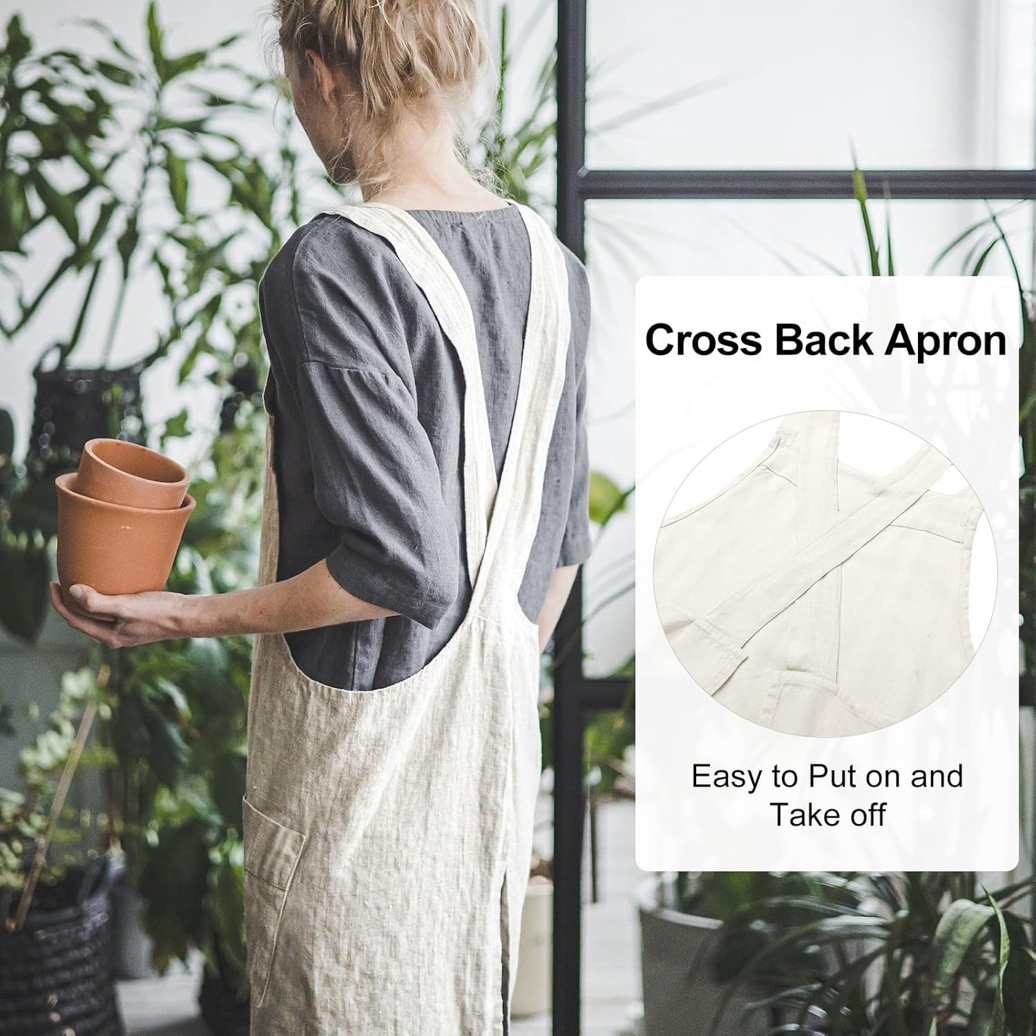 Surblue Cotton Linen Aprons for Women Cross Back Kitchen Apron with Pockets Pinafore Dress for Baking Cooking Gardening Work - Beige image number 3