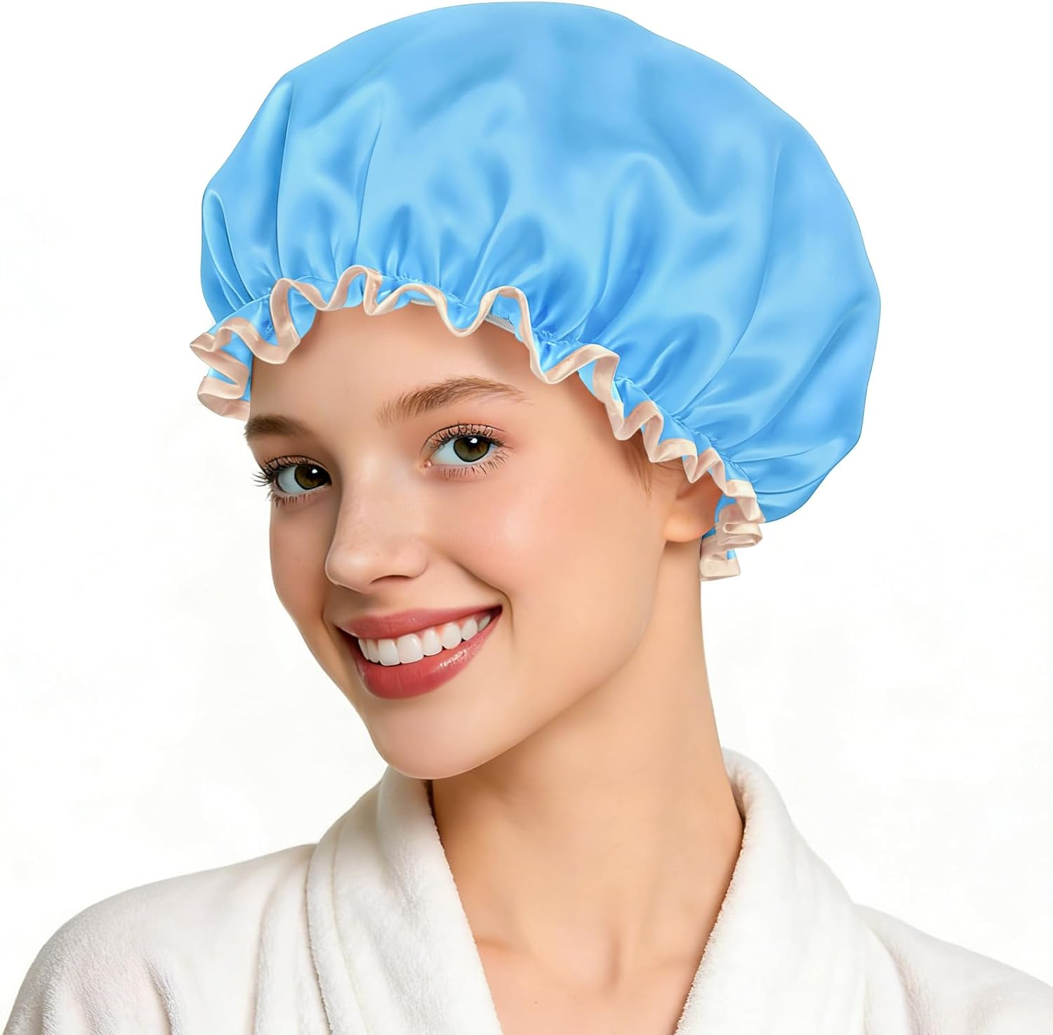 Double Layer Waterproof Shower Cap with Elastic Band, Reusable Bath Cap for Women -Large Waterproof Plastic Shower Hat for Long, Short and Curly Hairs Spa Salon (Champagne)