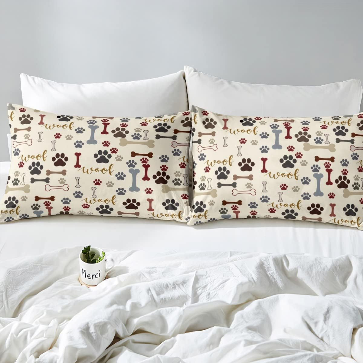 Cute Dog Paws Duvet Cover Single Size,Corgi Pug Lovely Animals Pets Comforter Cover for Kids Teens Adults Bedroom Decor,Dog Bones Cartoon Colorful Bedding Set 1 Pillowcase,No Comforter image number 2