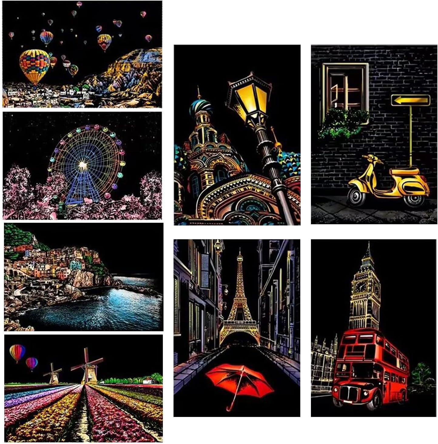 Georgie Porgy Scratch Picture Set DIY Craft Sets for Children Magic Rainbow Scratch Paper A4 Postcards for Christmas Birthday Gift with Scratch Tools Kit (Europe + Road Corner)