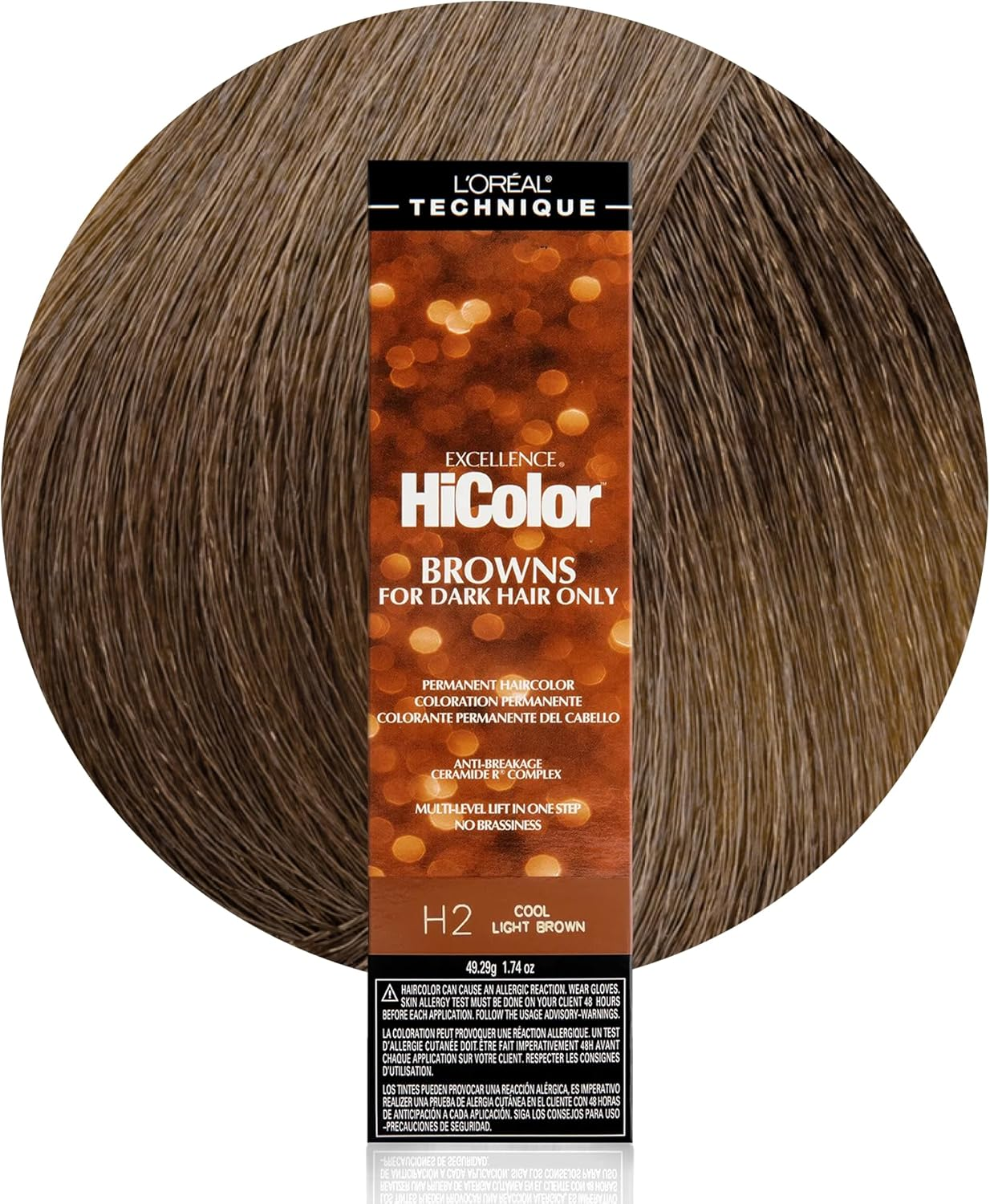 L'OREAL TECHNIQUE Hicolor Browns & Blondes Permanent Hair Color - Lifts Dark Hair in One Step Leaving No Brassiness, Rich and Smooth Creme Formula, Intense & Long-Lasting, H2 Cool Light Brown image number 2