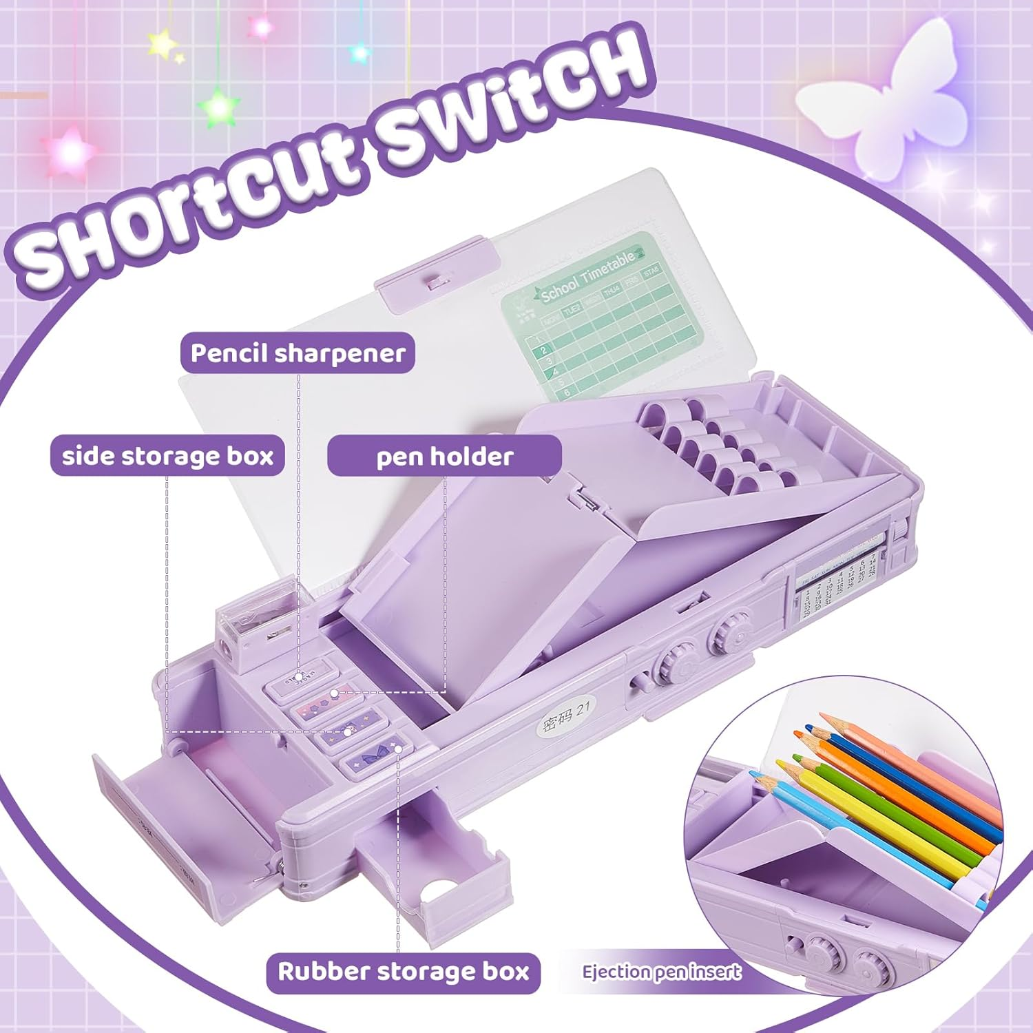 Pop up Multifunctional Pencil Case Organizer Cartoon Pen Box Pencil Box with Password Lock, Sharpener, Schedule, Whiteboard, Christmas Birthday Stationery Gifts for Teen (Purple,Magic World) image number 4