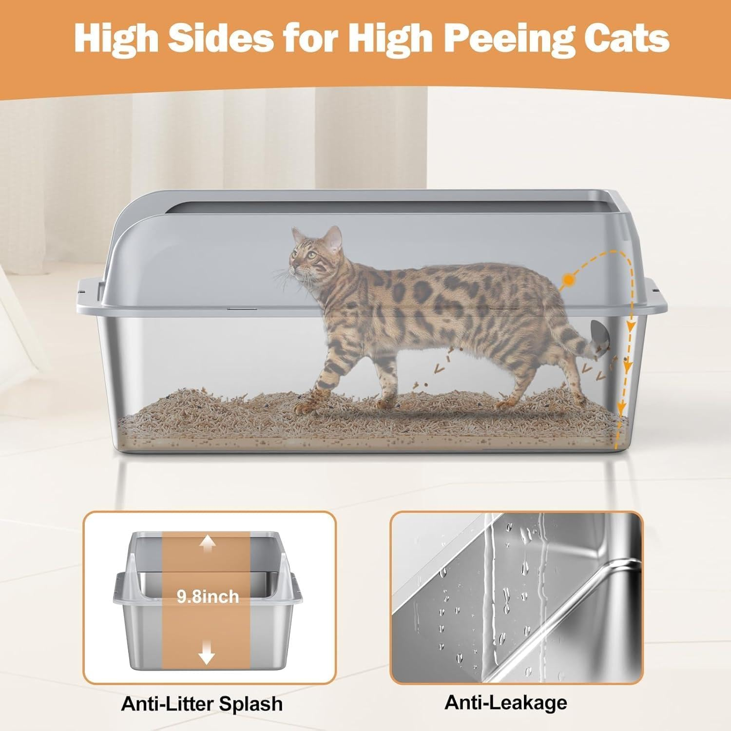 Stainless Steel Cat Litter Box, 60L X 40W X 30H CM for Big Cats with High Wall Sides Enclosure and Scoop, Non-Sticky, Anti-Leakage, Easy Cleaning