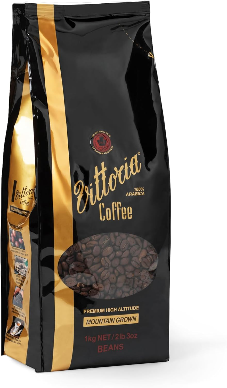 Vittoria Coffee Mountain Grown 100% Arabica Coffee Beans 1Kg. High Altitude Dark Roasted Coffee Beans Perfect for Home Espresso. Caramel, Dark Chocolate, Smokey, Toasty Tasting Notes. image number 3