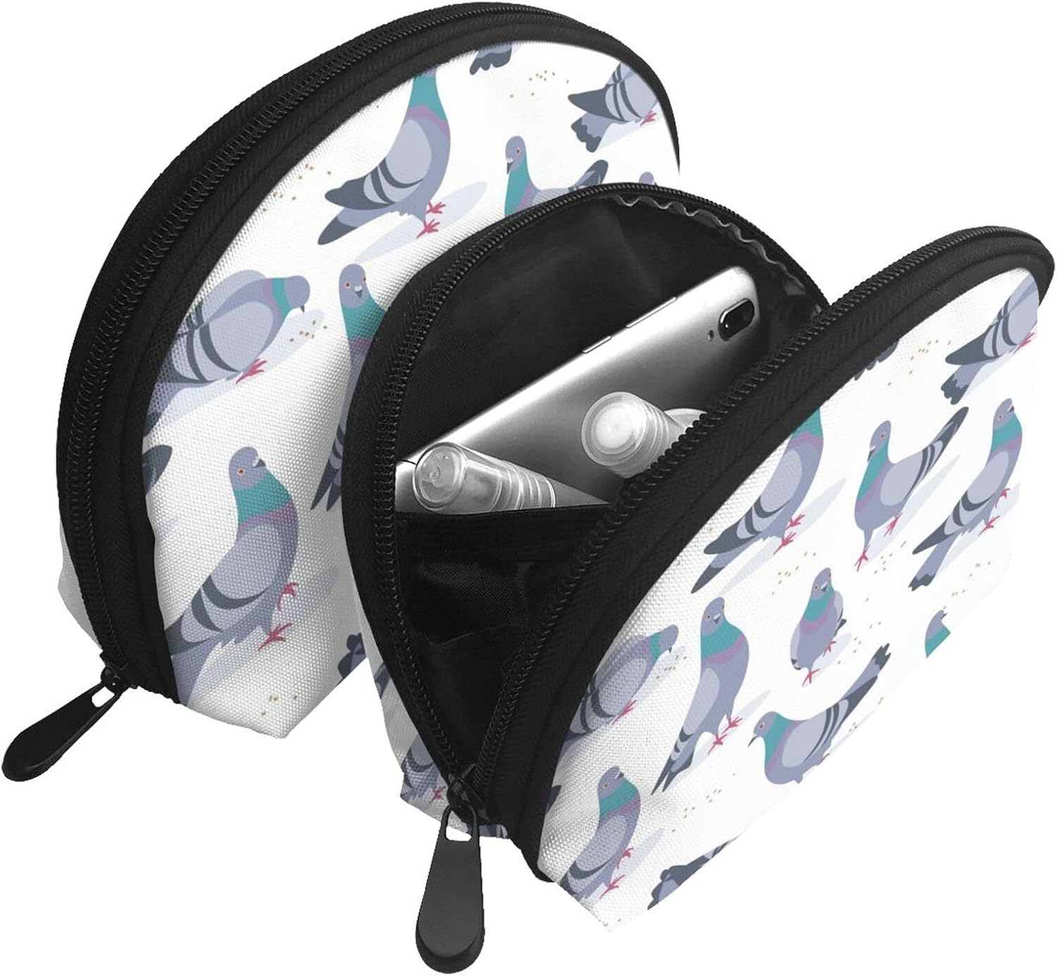 Cozimangoe Coin Pouch Makeup Bags Set, 2 Piece Shell Shape Cosmetic Bag with Pockets for Daily Travel Handbag Lipstick Keys Toiletry, Personalized Bluish Pigeons