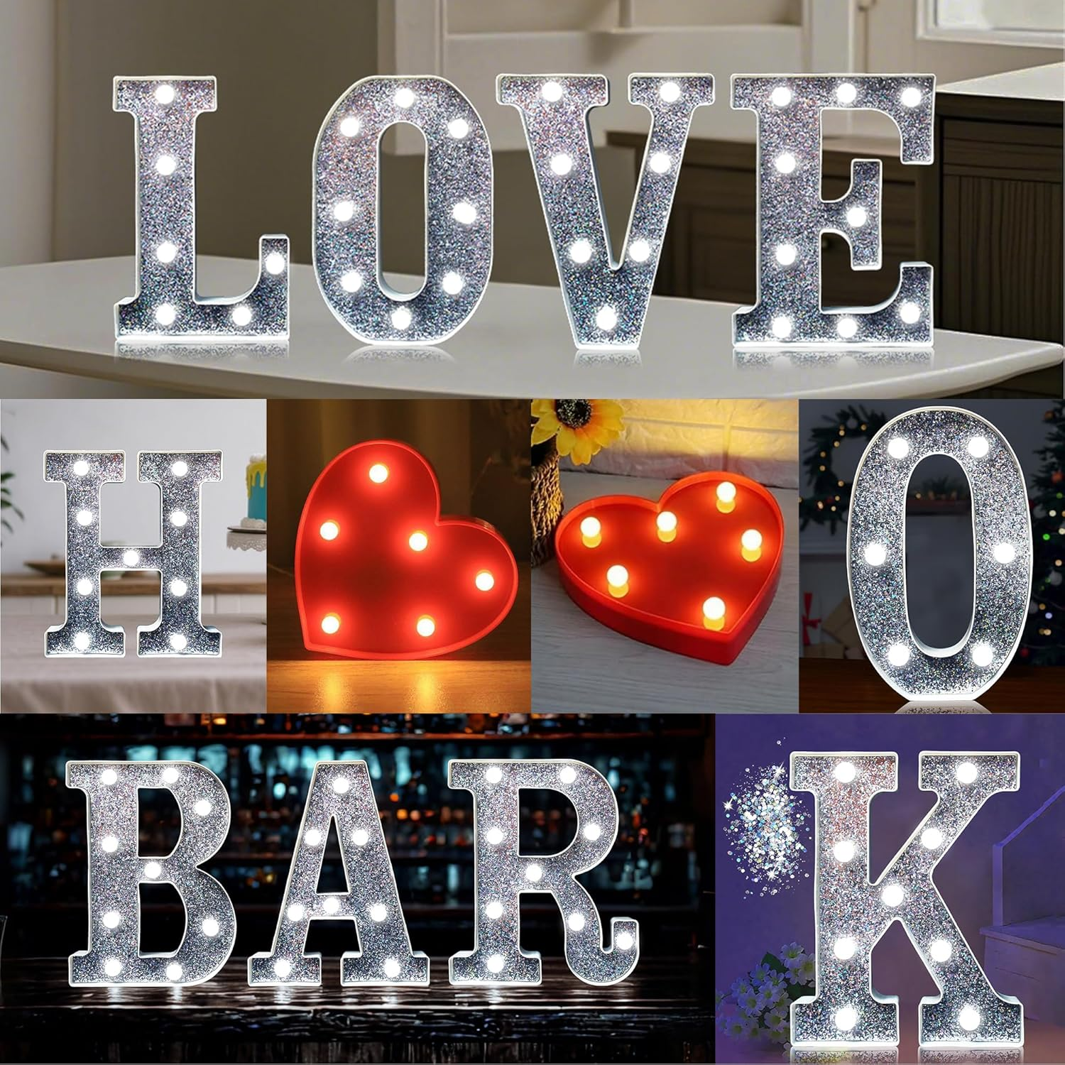 White Digital LED Letter Lights with Shiny Heart Embellishments Create a Warm Atmosphere and Suitable as Night Light for Birthdays, Weddings and Parties. (Heart Shape) image number 1