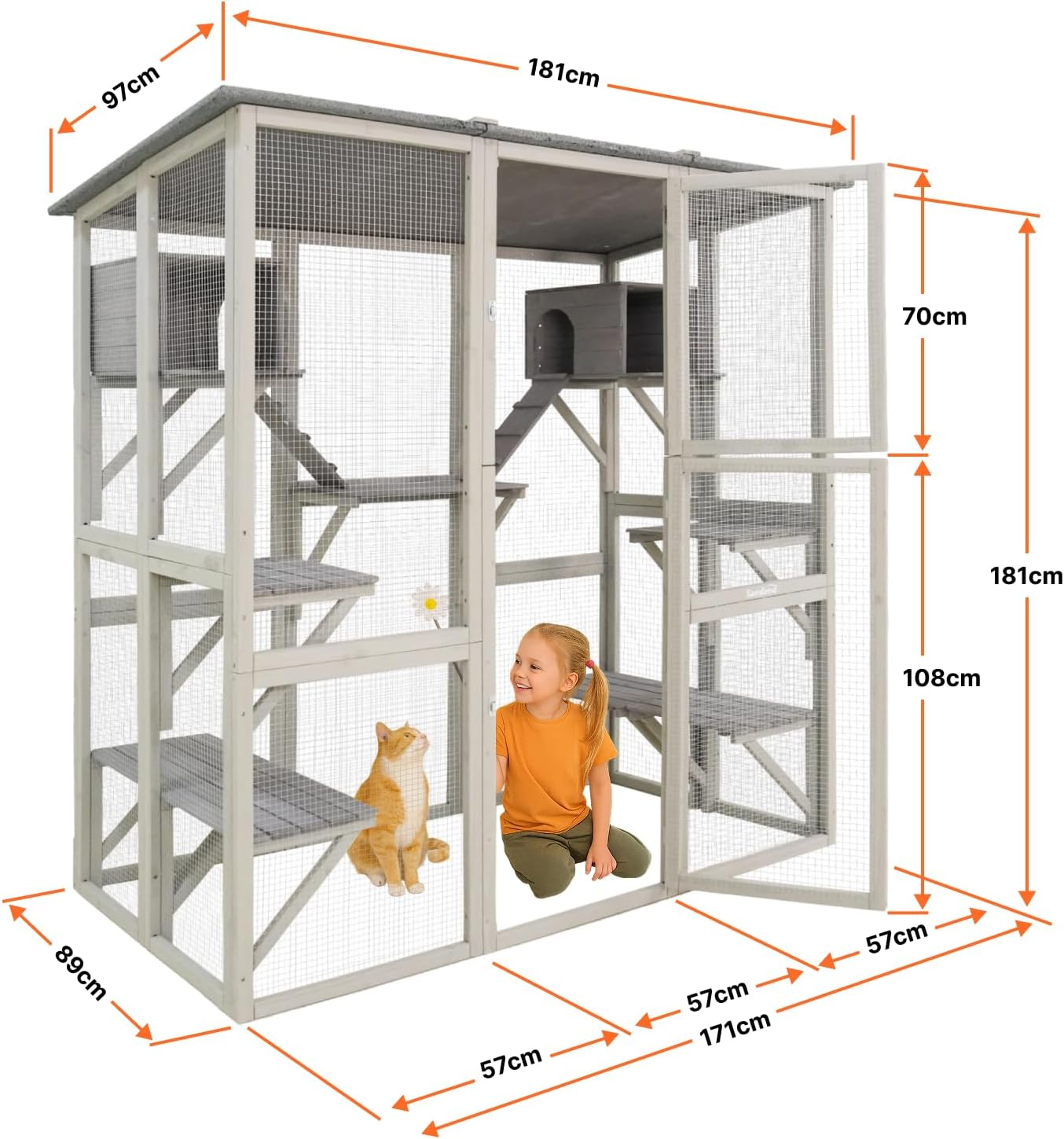 Samland Extra-Large Cat House Outdoor/Indoor Walk-In Enclosure with Huge Door, Wooden Playpen with Platforms & Small Houses &ndash; Spacious Design for Multiple Cats, L181 X W97 X H181Cm image number 6