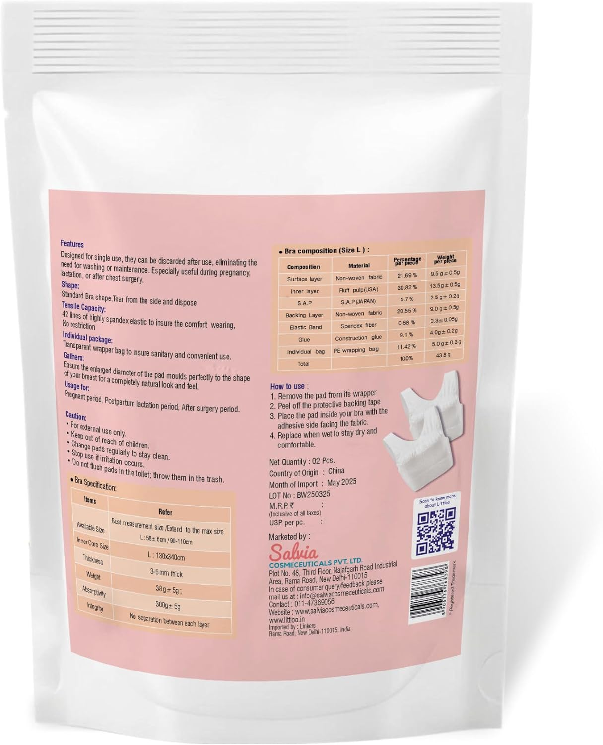 LITTLOO Disposable Wearable Feeding Bra | Super Absorbent & Breathable | One-Piece, Pressure-Free, Elastic Fit for Nursing Mothers &ndash; 2 Pcs White image number 1