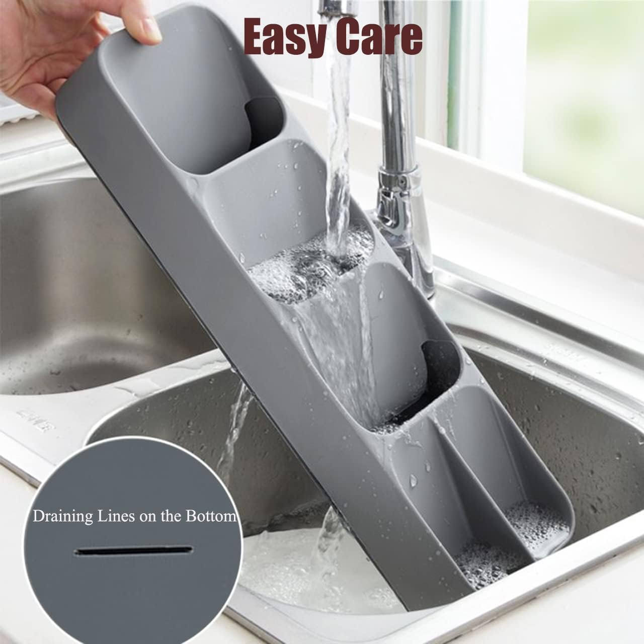 Compact Small Cutlery Tray Organiser, Utensil Holder for Drawers, Kitchen Silverware Drawer Organizer Divider for Spoons Forks & Short Knives, White Green image number 2