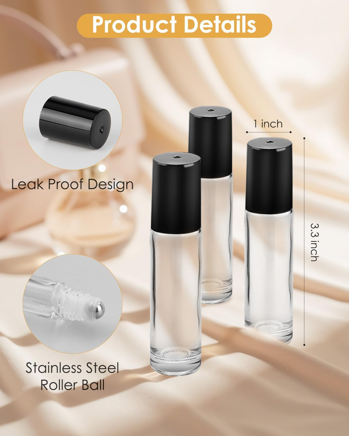 Worldgsb 4 Pack Essential Oil Roller Bottles, 10Ml Refillable Clear Glass Roller Bottles with Stainless Steel Roller Balls and Caps for Travel, Perfume and Lip Gloss image number 2