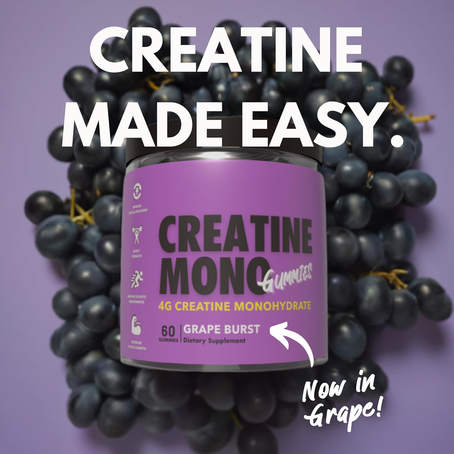 Creatine Monohydrate Gummies for Muscle Endurance, Growth and Power | Convenient Pre-Workout Supplement Grape Flavour, 4000Mg per Serve, 60 Pieces, 30 Serves - the Gummy Lab image number 3