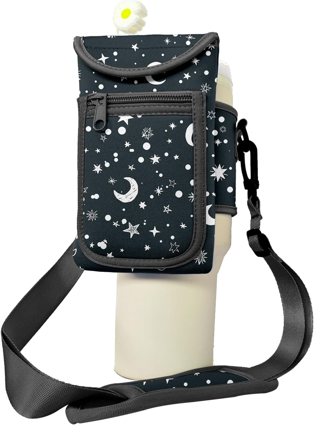 Water Bottle Carrier Bag with Pocket Fits for Stanley 40 Oz Tumbler, Neoprene Water Bottle Holder Pouch with Adjustable Strap for Stanley Cup Accessories (Pink Flower)