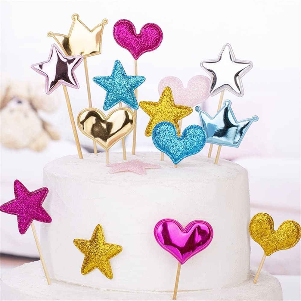 50Pcs Cupcake Toppers Heart Star and Crown Cupcake Picks Mini Cake Toppers Colorful Cake Decoration DIY Dessert Fruits Food Picks Party Decorative Accessories for Birthday Wedding Baby Shower (Heart)