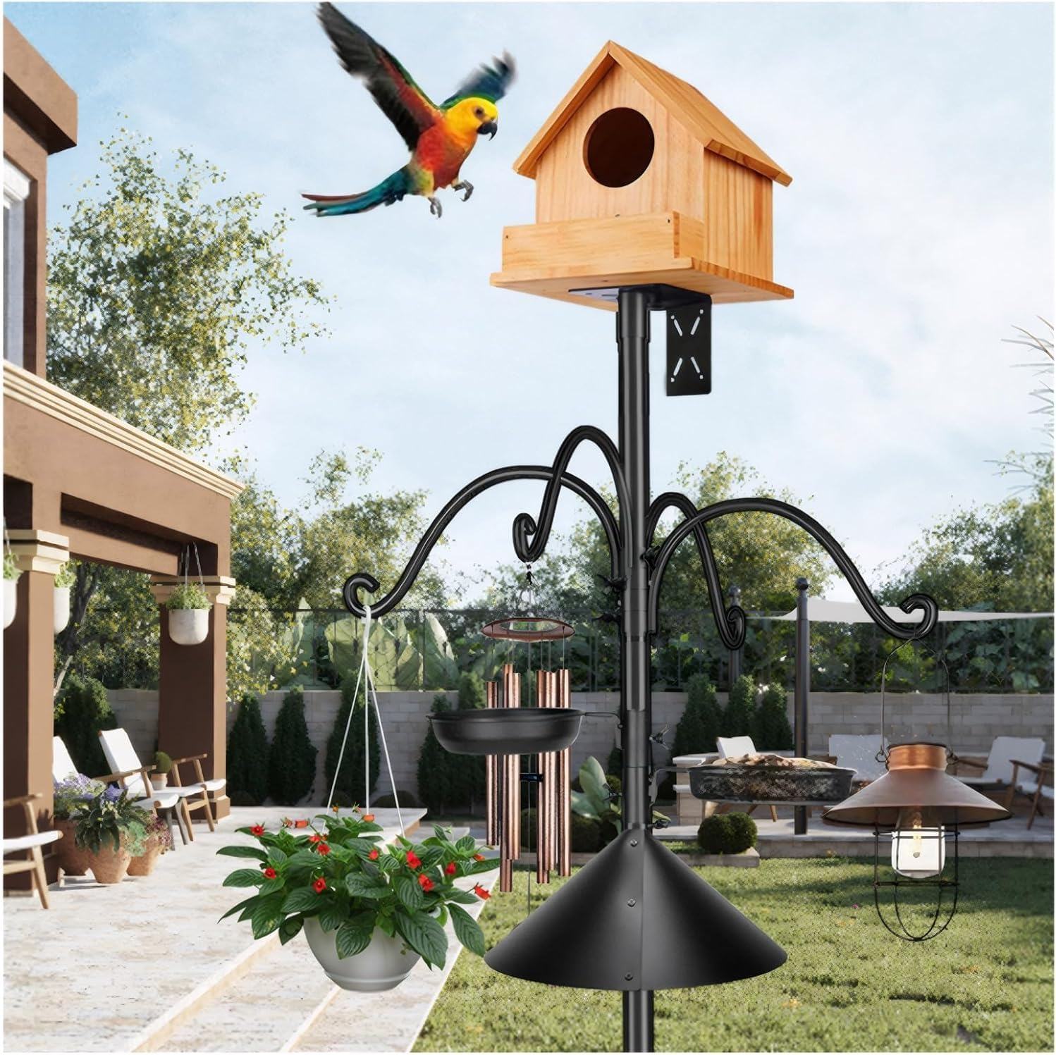 Heavy Duty Bird Feeder Pole Stand, 76 Inch Metal Bird Feeder Pole with Squirrel Proof Baffle, 4 Hooks and 2 Feeding Trays, 5-Prong Base Outdoor Birdhouse Stand, Garden Bird Feeding Station (Black) image number 6