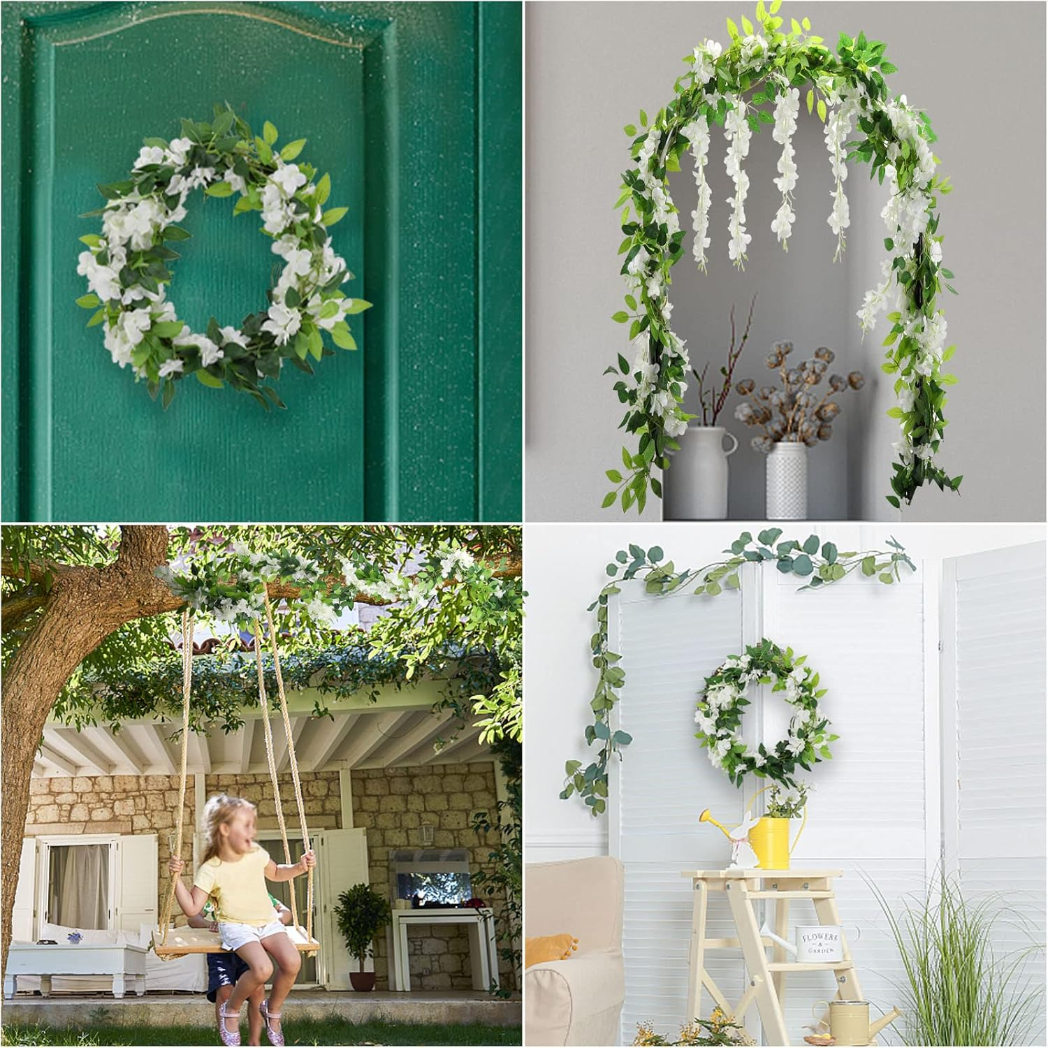4 Strands of Wisteria Artificial Flowers Garland, Total 7.6 Meter White Artificial Wisteria Vine Silk Hanging Flower for Home Garden Outdoor Ceremony Wedding Arch Floral Decor image number 1