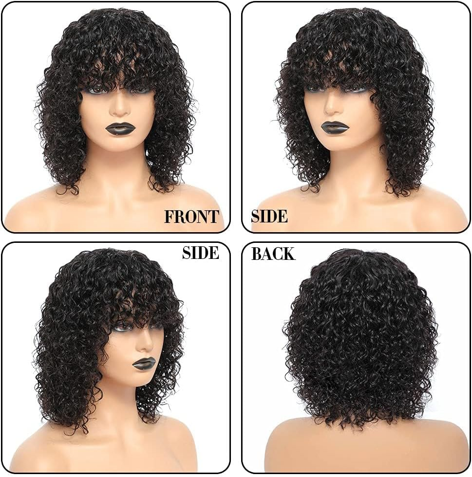 Real Hair Wig, 12 Inches, Short Kinky Curly Human Hair Wigs for Women, Bob Curly Wigs, Curly 180% Density, Human Hair Wig with Fringe Wigs, Brazilian Human Hair
