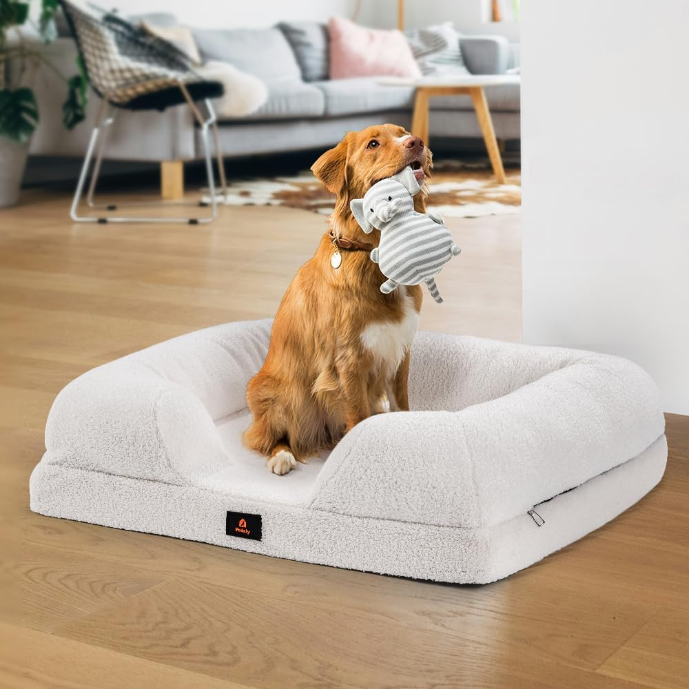 Petzly Orthopedic Memory Foam Dog Bed for Medium Dogs, Removable and Washable Cover, Non-Slip Bottom with Egg-Crate Foam, Medium Pet Couch Bed, White