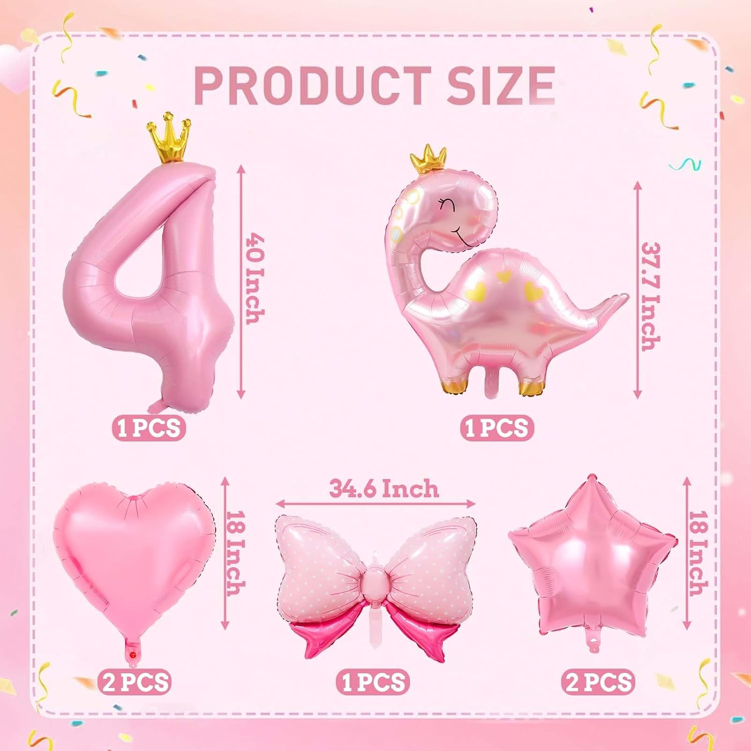 40 Inch Number Balloon Pack, Cute Crown Dinosaur and Star Bow Heart, Pastel Pink Dino Birthday Decoration for Girls (4) image number 1