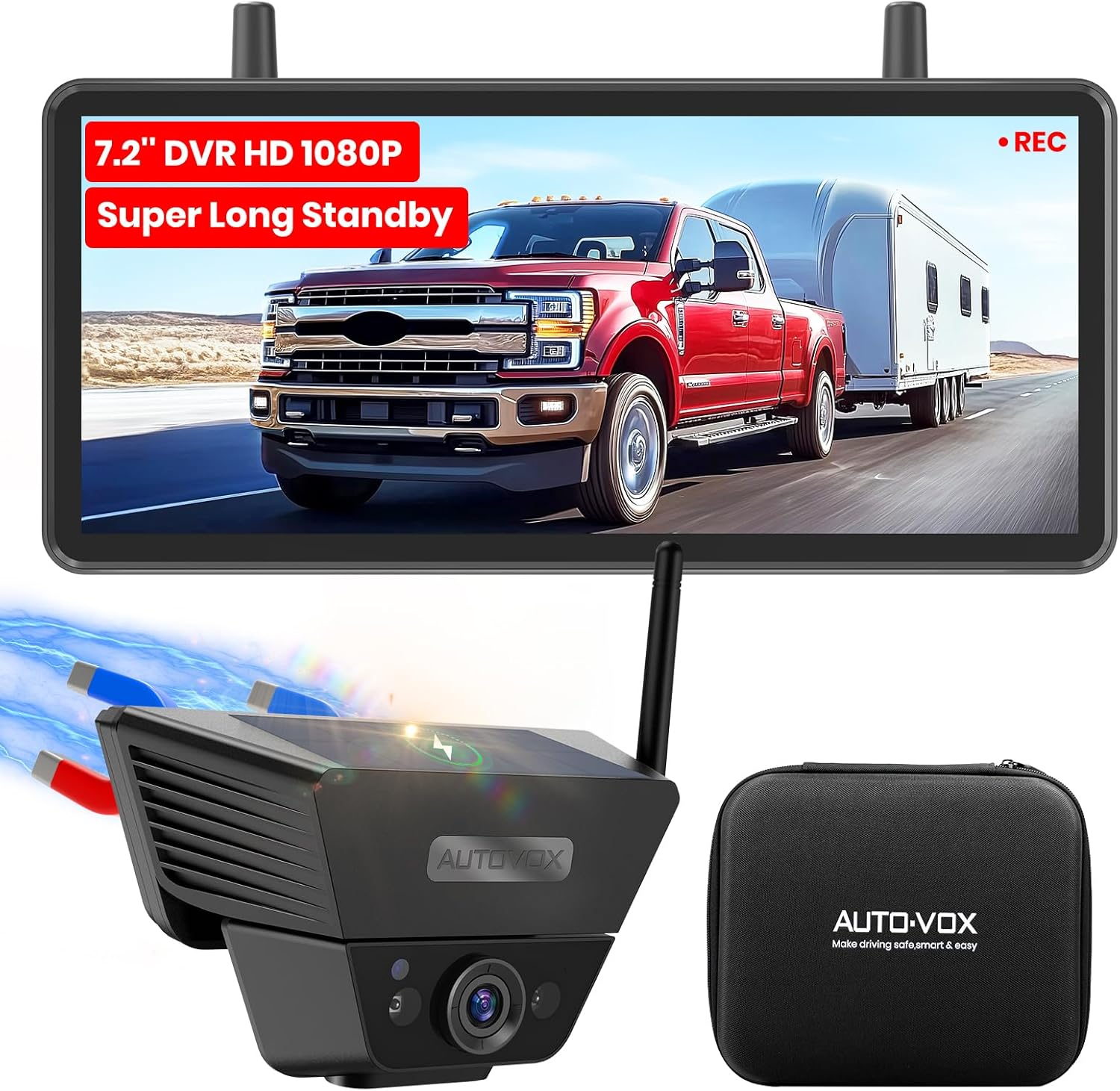 AUTO VOX Wireless Backup Camera Solar Magnetic: with 7.2" DVR 1080P 2 Split Recording Monitor, Dual Antenna Stable Signal,Ip69K & 1-Min Install,Hd IR Night Vision for Truck, Trailer, RV, Camper image number 1