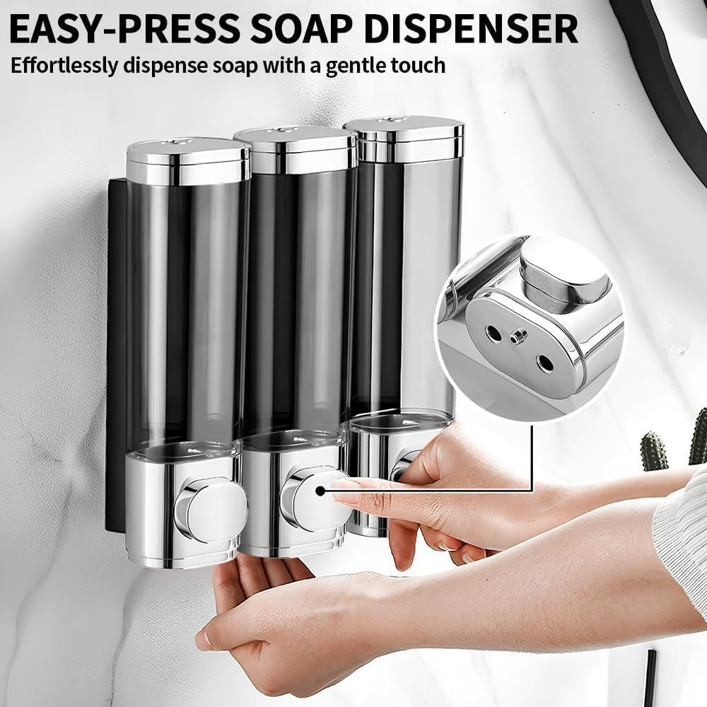 3-In-1 Shampoo and Conditioner Dispenser, 3 Chamber No Drill Wall-Mounted Shower Soap Dispenser for Bathroom Hotel