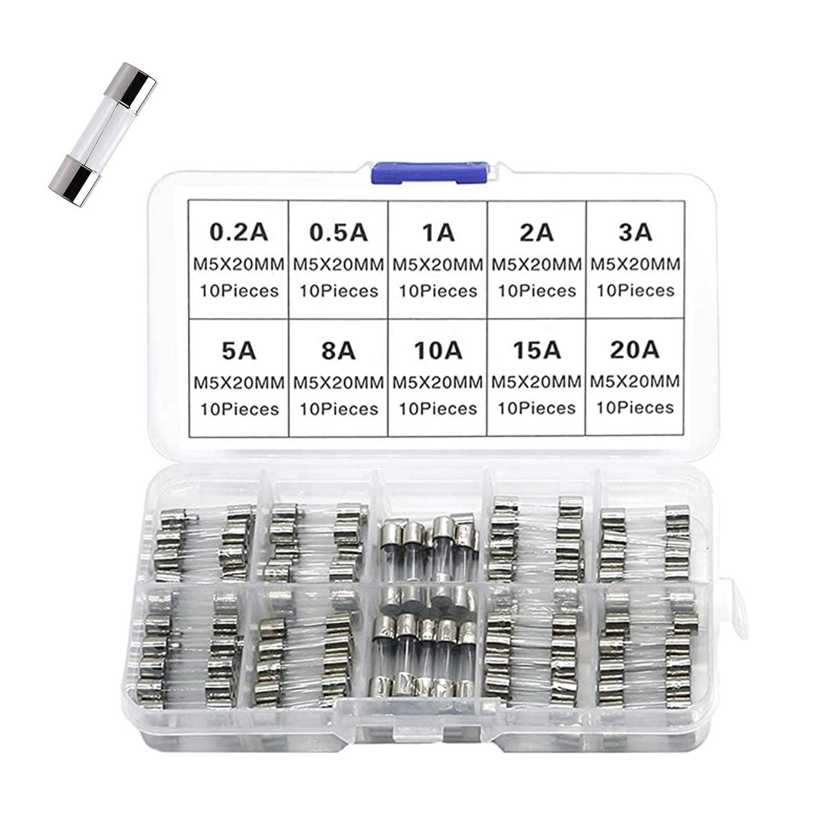 Glass Quick Fast Blow Fuse, 100Pcs Glass Tube Fuses Assorted Kit 0.2A~20A, 10 Models Each 10Pcs image number 1