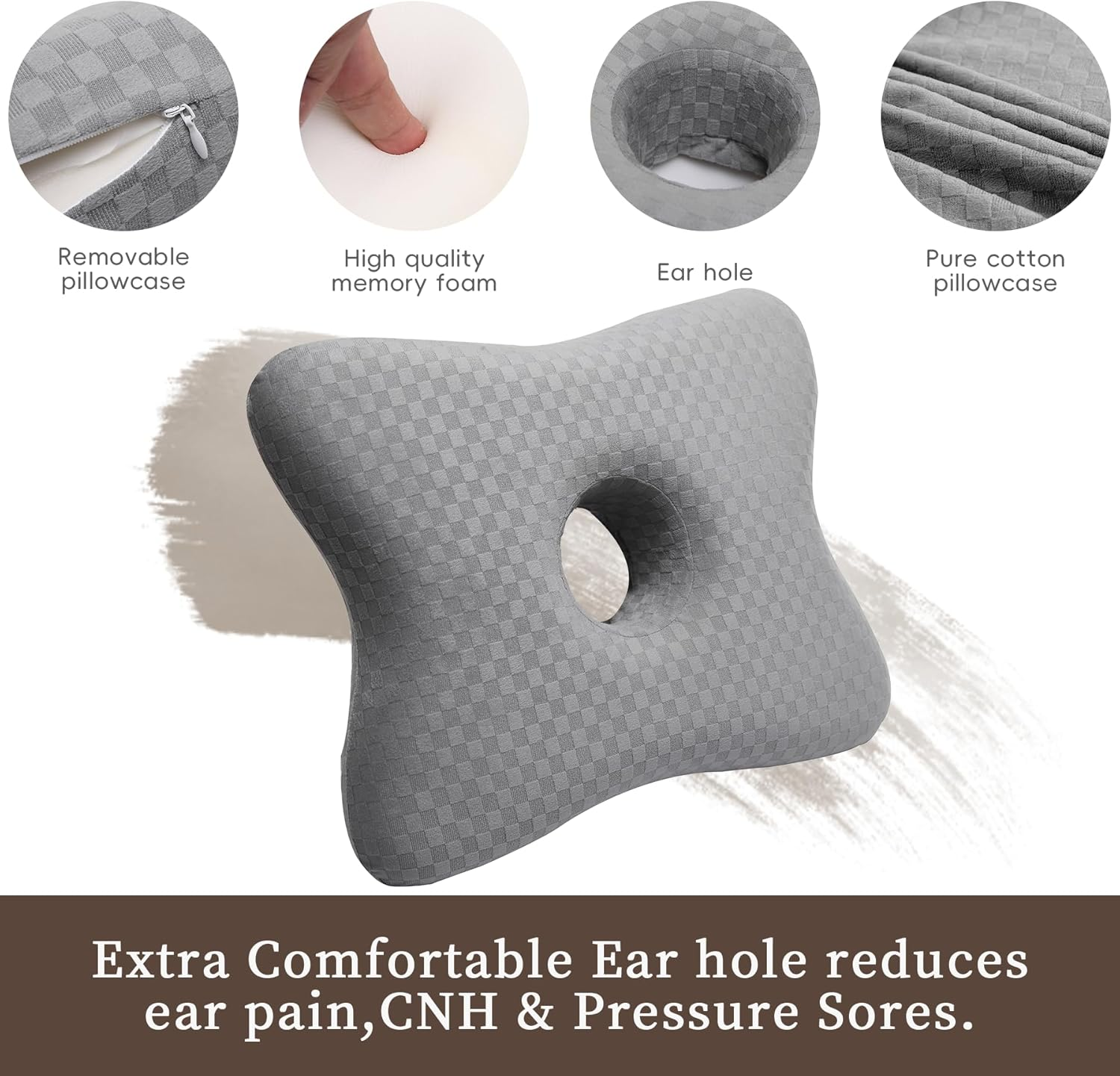 Piercing Pillow | Memory Foam Ear Piercing Pillow for Side Sleepers, Pillow with an Ear Hole for Ear Pain Relief, Ear Guard Pillow, Ear Hole Pillow for Piercings, Earplugs, and Headphones (Light Grey) image number 4