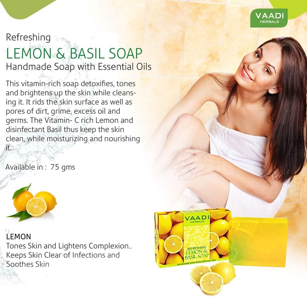 Vaadi Herbals Organic Body Soap Bar Lemon Basil Detoxifies Tones Brightens Skin Handmade Herbal Soap (Aromatherapy) with 100% Pure Essential Oils - All Natural - Anti-Acne Deep Pore Cleansing Removes Pimples Oil Control Sulphate Free All Skin Type 3 X 75 Gm